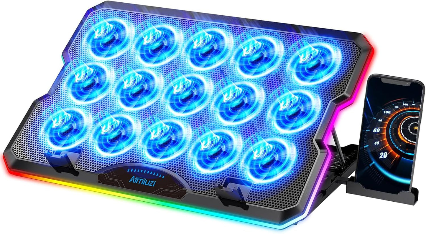 Gaming Laptop Cooling Pad, Laptop Cooler with 15 Quiet Fans for 12-17.3 Inch Notebook, Slim Portable Laptop Cooling Stand with 7 Height Adjustable, 2 USB Ports, Phone Stand