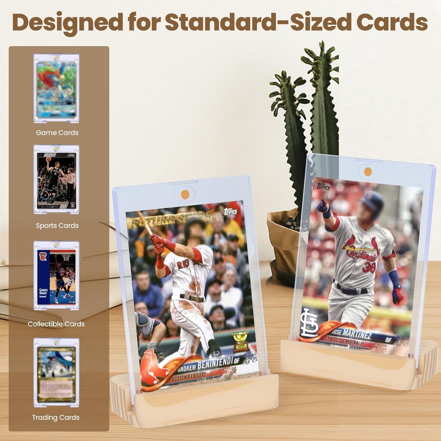 Magnetic Card Holder for Trading Card - Baseball Card Display Protector with Wooden Card Stand, 35pt Acrylic Hard Card Sleeves Case, Card Display Stand for PSA Slabs Trading Cards and Sports Cards