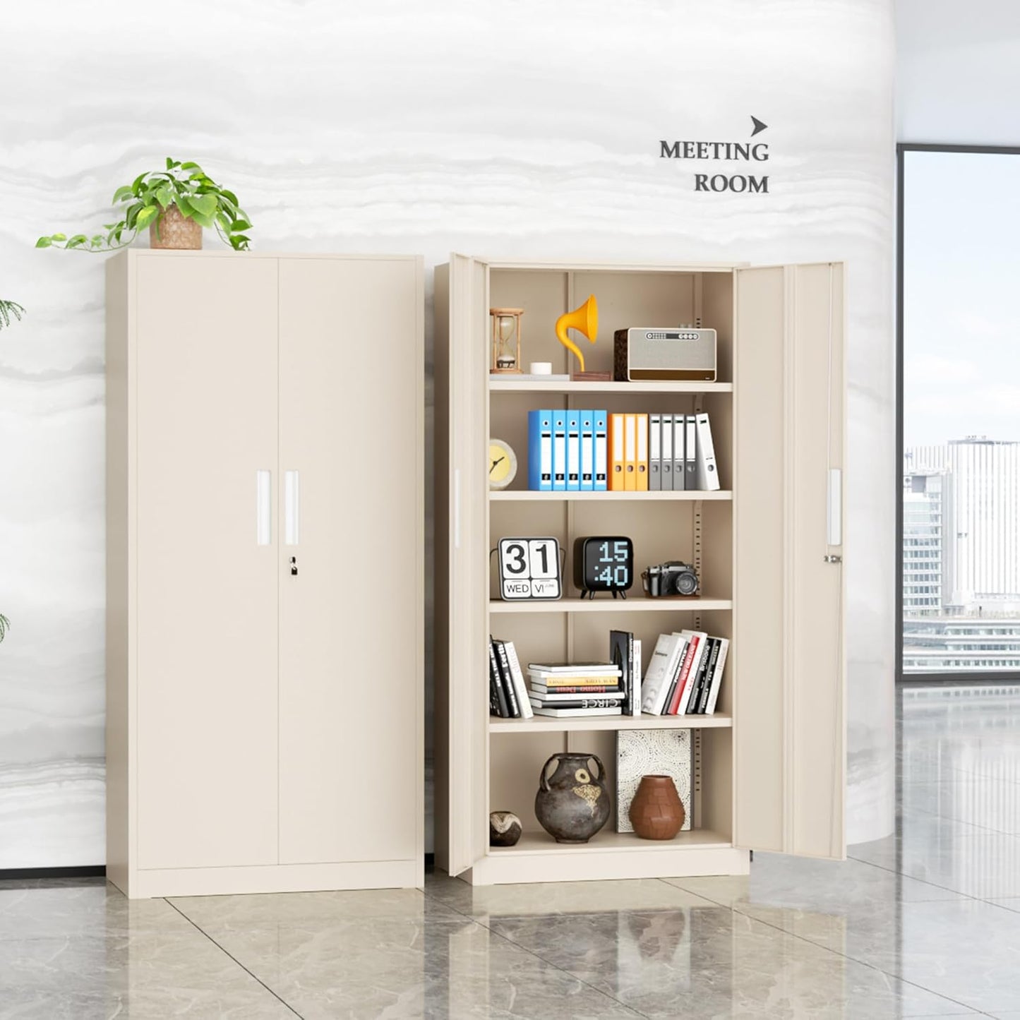 SUNCROWN 72" Metal Storage Cabinet - Heavy-Duty Metal Garage Cabinet with 4 Adjustable Shelves & 2 Doors for Tools, Office, Home, Workshop,Warm Grey-Small