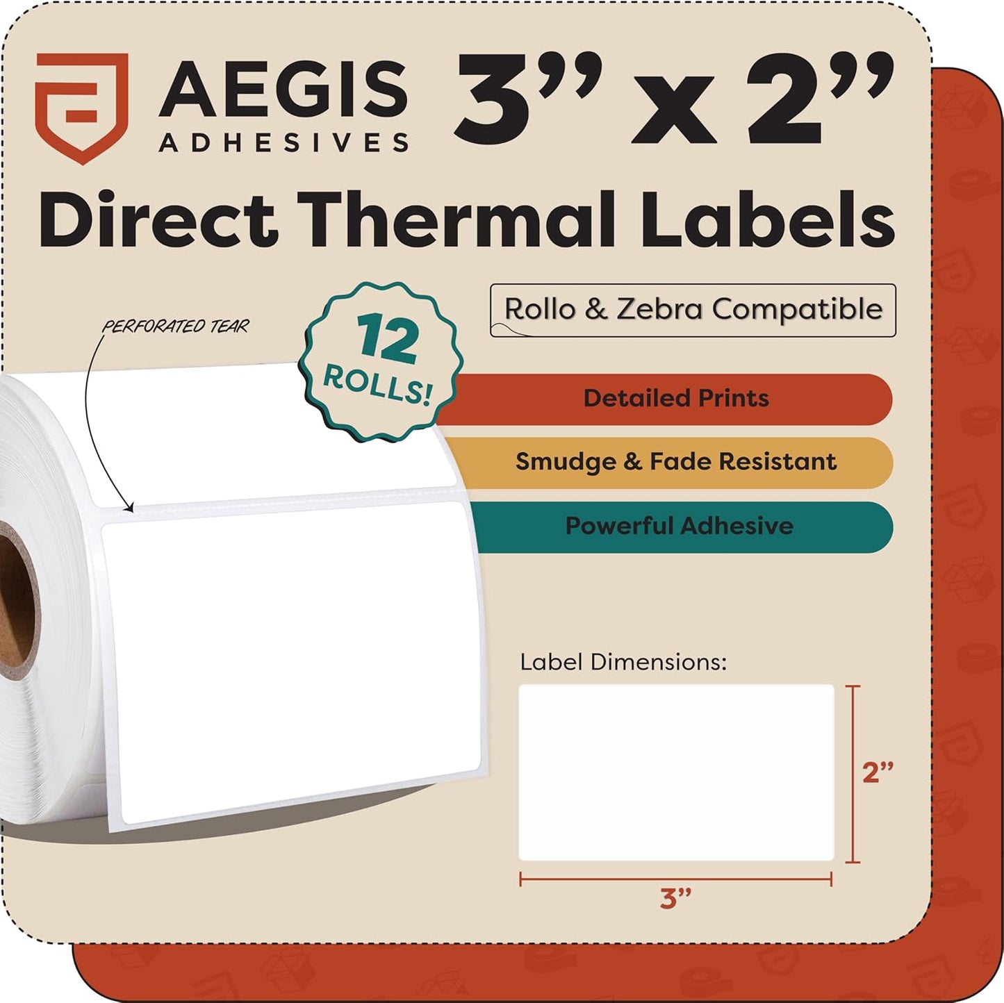 Aegis Adhesives - 3” X 2” Direct Thermal Labels for Shipping, Postage, Perforated & Compatible with Rollo, Zebra, & Other Desktop Label Printers (12 Rolls, 700/Roll)