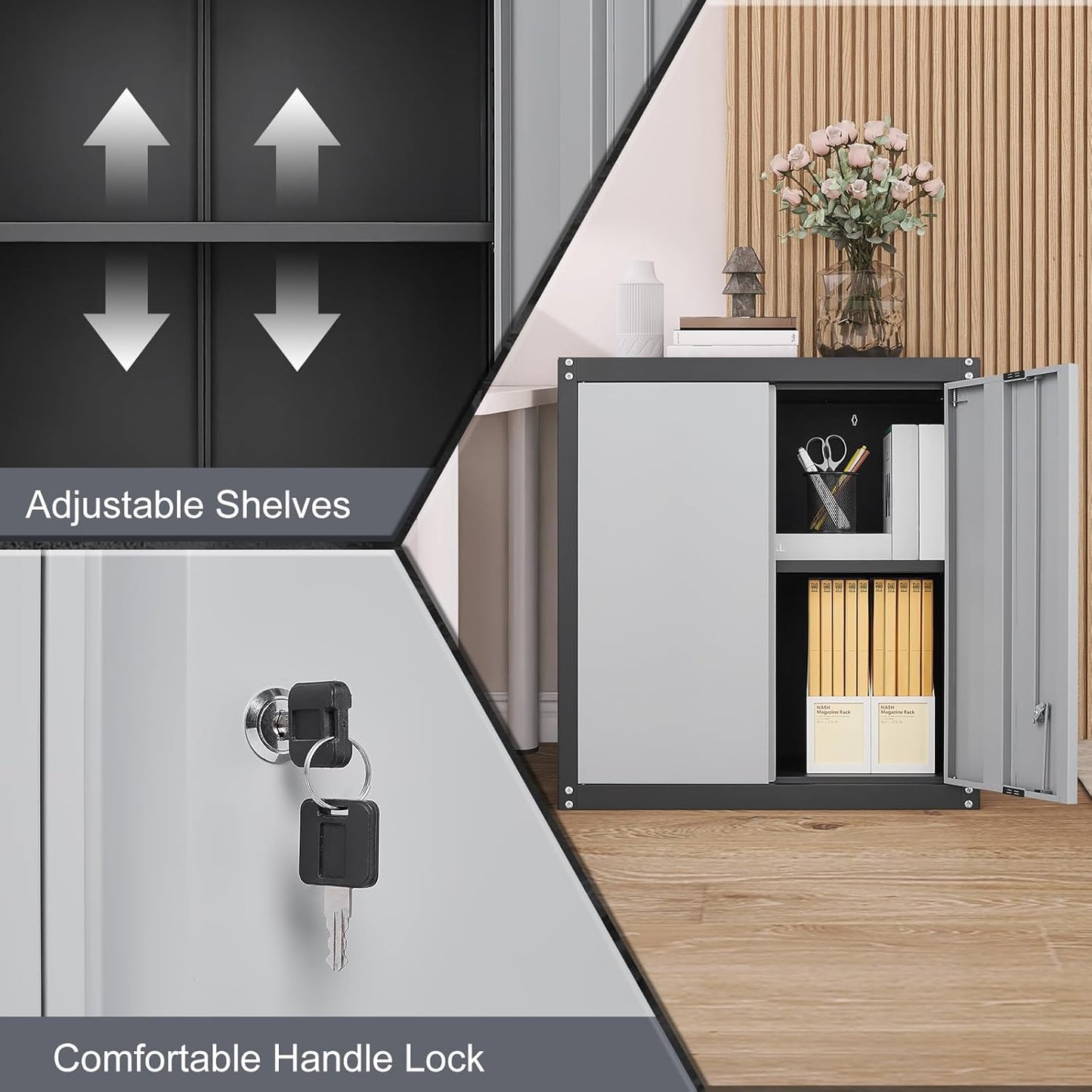 GREATMEET 28" H Lockable Metal Garage Storage Cabinets, Metal Cabinet Storage, Garage Wall Cabinet with Doors and Shelves, Hanging Floating, Grey&Black