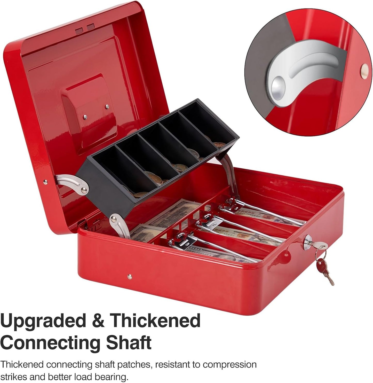 Large Locking Cash Box with Key Lock and Money Tray, Money Box with Cash Tray, Lock Safe Box for Office Business, 11.8" x 9.5" x 3.5", Red