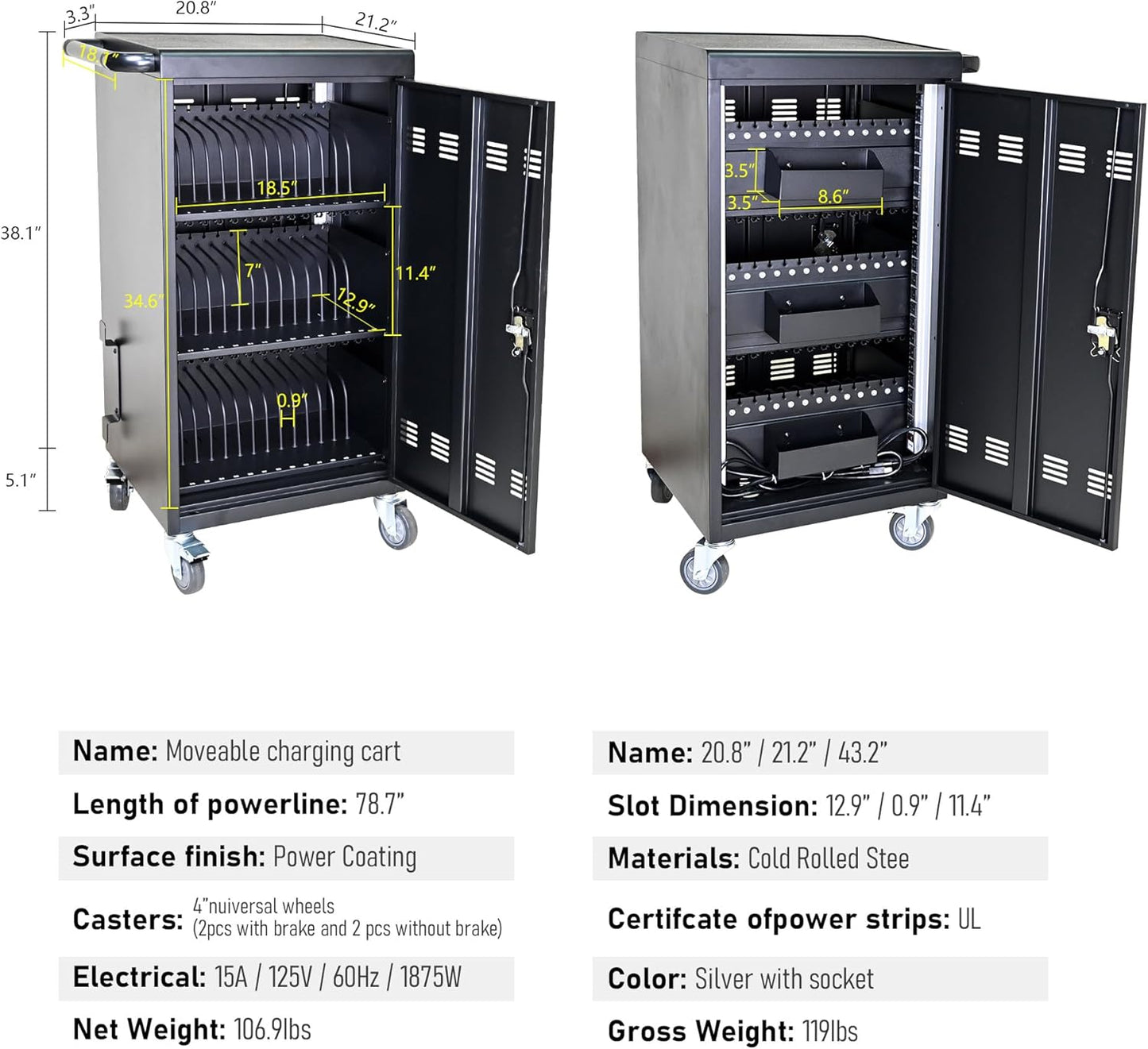45 Device Mobile Charging Station for Laptops/Tablets/iPads/Chromebooks,45 Bay Lockable Charging Cabinet with Cable Management & Power Strip Included, Laptop & Tablet Storage Carts,Easy Assembly