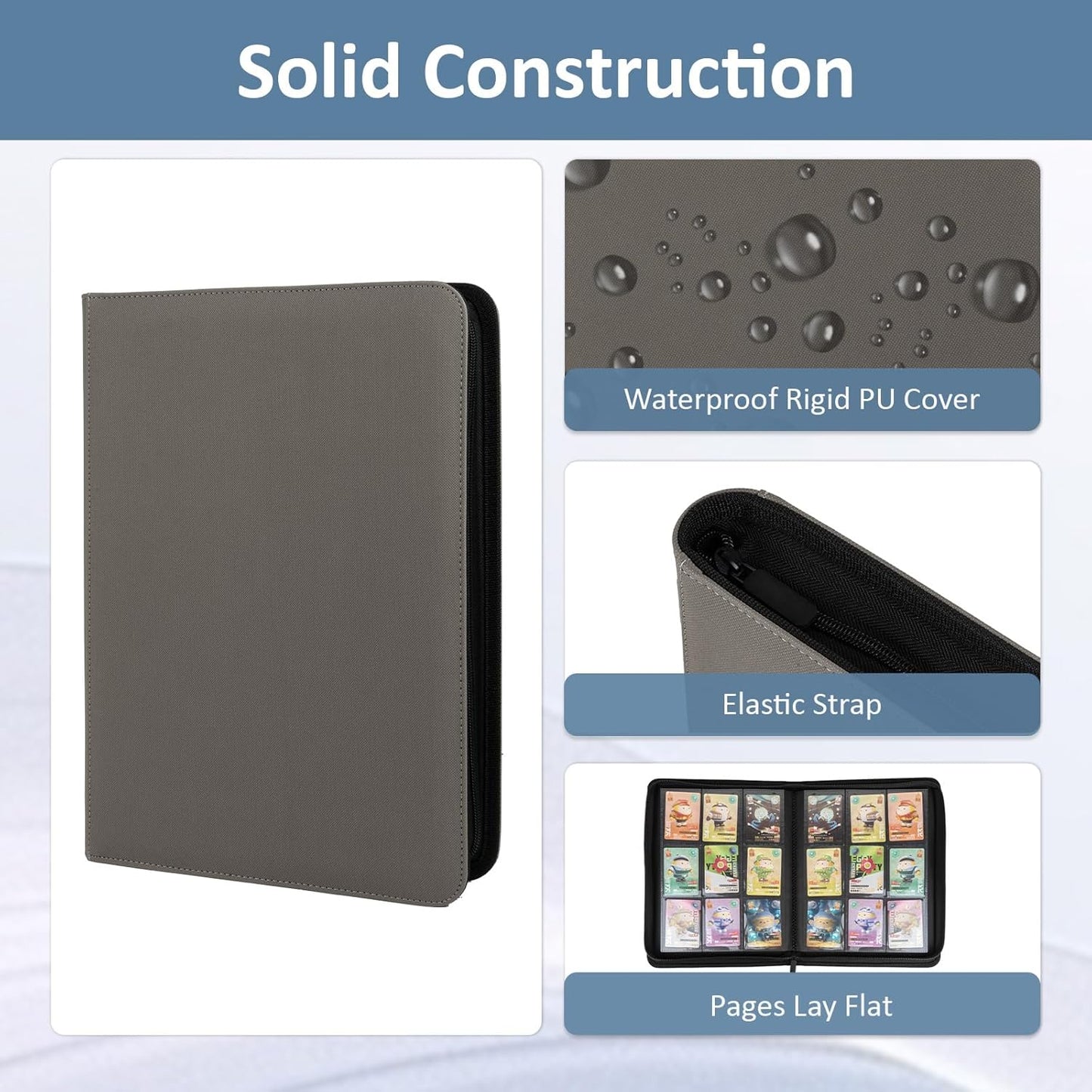 Trading Card Binder 9 Pocket with Zipper, Fvxldcz PU Cover Card Collection Binder 540 Cards Sleek Side-Loading Card Album, Sturdy Card Collection Folder for TCG, MTG, Yugioh, Sport Cards (Gray)