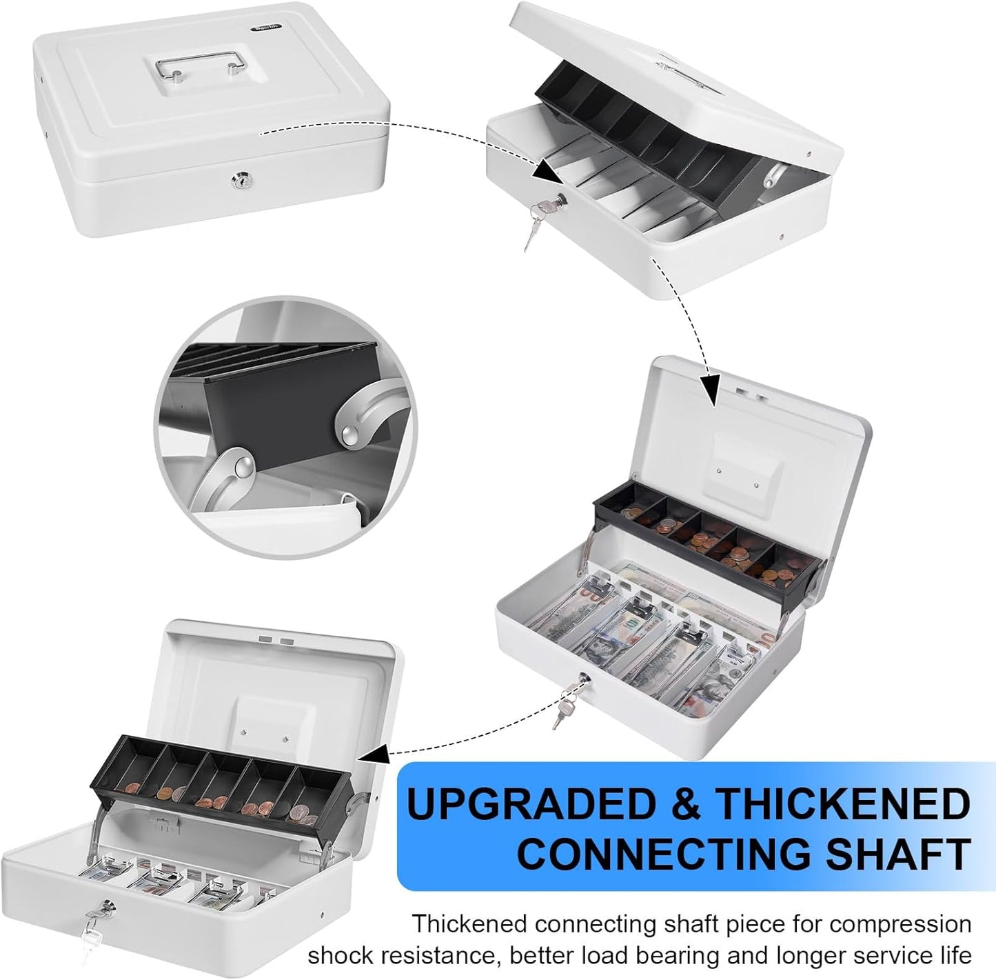 Cash Box Key Lock on Side, Cash Box with Money Tray & Key Lock 4 Bill 5 Coin Slots,Large Safe Lock Box with Key,Metal Money Saving Organizer for Security 11.8L x 9.5W x 3.5H Inches, White