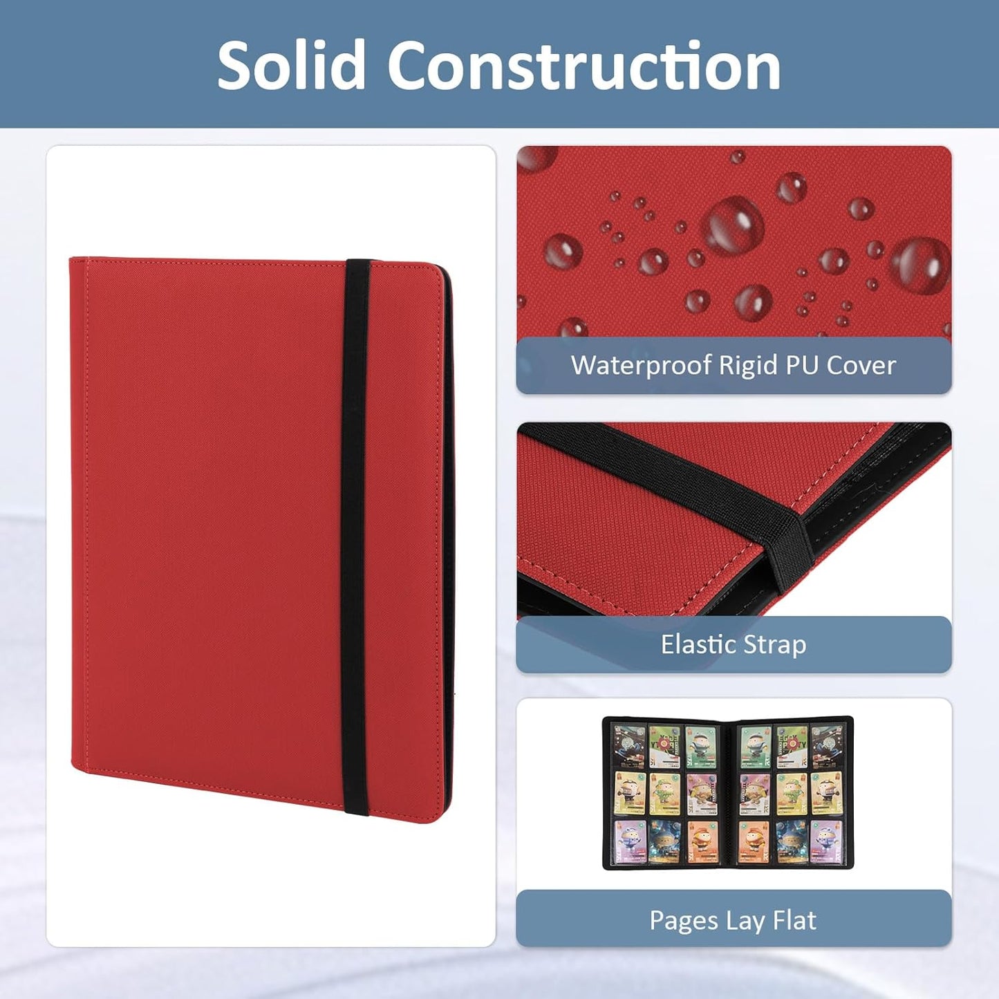 Trading Card Binder 9 Pocket, Fvxldcz PU Cover Card Collection Binder 540 Cards Sleek Side-Loading Card Album, Sturdy Card Collection Folder for TCG, MTG, Yugioh, Sport Cards (Red-2)