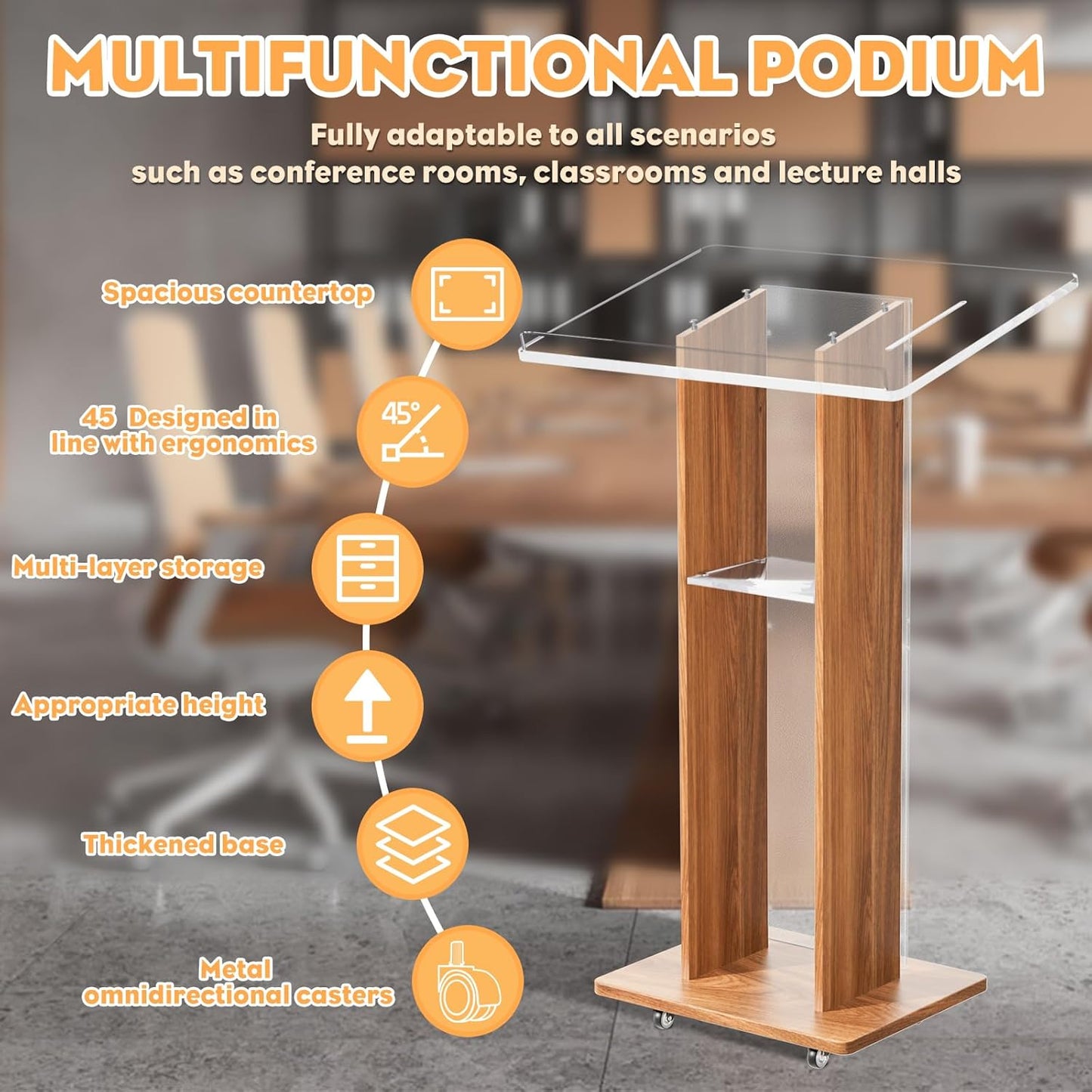 Acrylic Podium Stand, Ultra Clear 43'' Pulpits for Churches with 15 Color Adjustable, Modern Lectern with Storage Sheld for Church,Conference,Speech, 23.62”x 15.75”X 43.3” (Style 1)