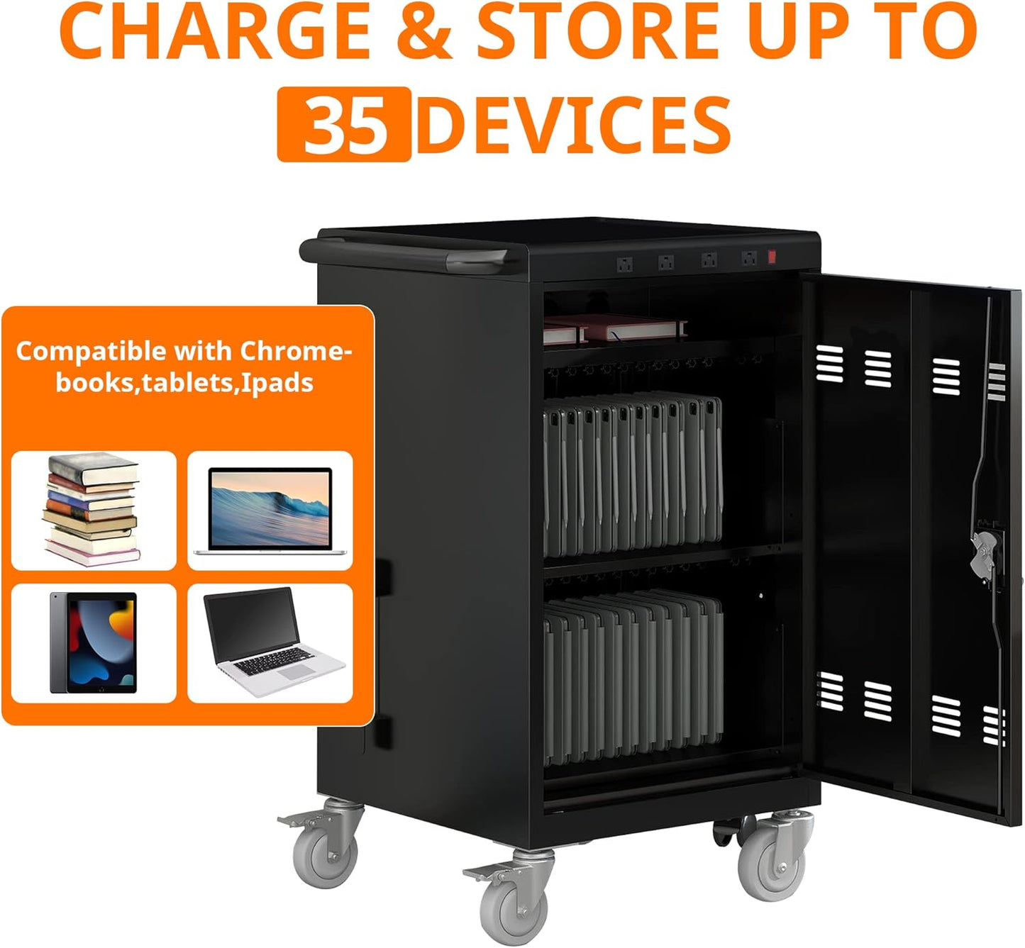 35 Device Mobile Charging Cart, Chromebooks and Laptop Computers, Locking Charging Station with Lock & Key for The Front Back Door, Surge Protection