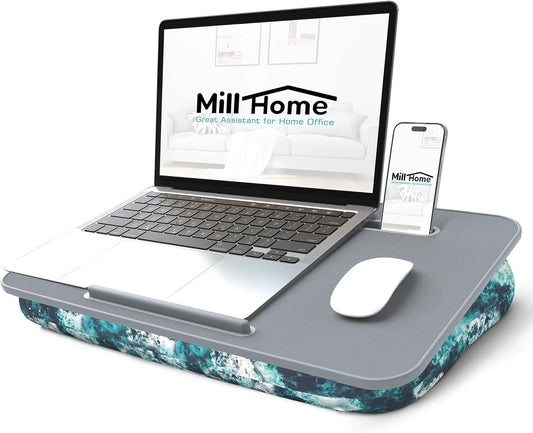 Lap Desk, Lap Desk with Cushion, Fits up to 15.6-inch Laptop, Pillow Designed, Portable Laptop Stand with Tray, Pad & Phone Holder, Home Office for Bed/Couch/Car/Reading/Writing, MillHome (S, Waves)