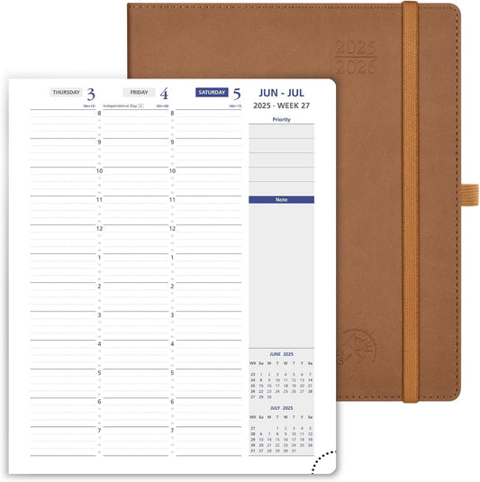 POPRUN Weekly Planner 2025-2026, 7.25'' x 8.5'', 15-Minute Hourly Appointment Book (July 2025-June 2026) with PU Leather Softcover, Monthly Tabs, Inner Pocket - Brown