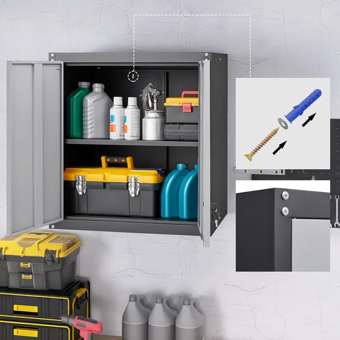 GREATMEET 28" H Lockable Metal Garage Storage Cabinets, Metal Cabinet Storage, Garage Wall Cabinet with Doors and Shelves, Hanging Floating, Grey&Black