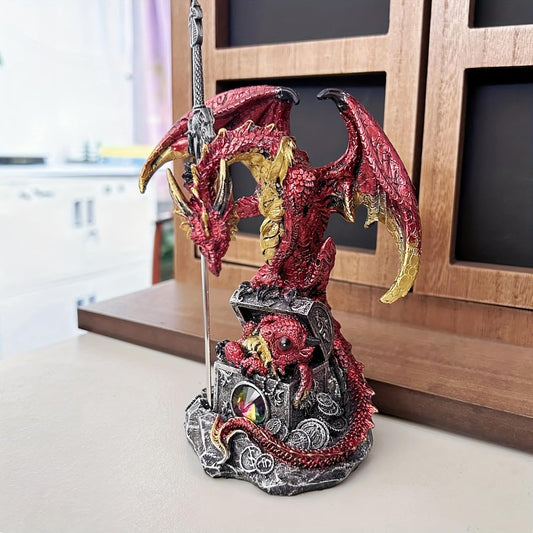 Dragon with Sword Collectible Statue Fantasy Figurine Resin Medieval Dungeons Creative Ornaments for Home,Shelf,Living Room Decor 7.68 Inches (Red)