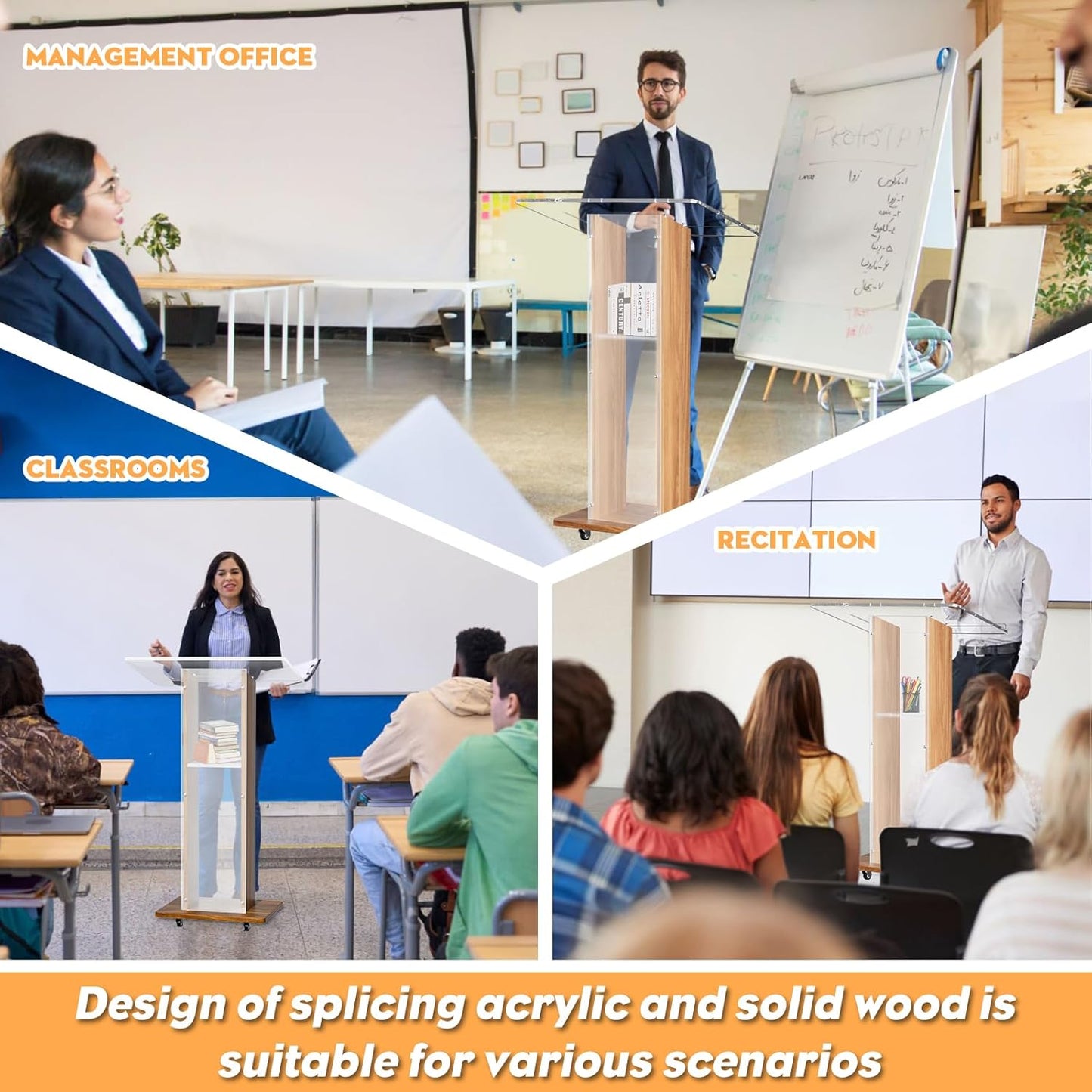 Acrylic Podium Stand, Ultra Clear 43'' Pulpits for Churches with 15 Color Adjustable, Modern Lectern with Storage Sheld for Church,Conference,Speech, 23.62”x 15.75”X 43.3” (Style 1)