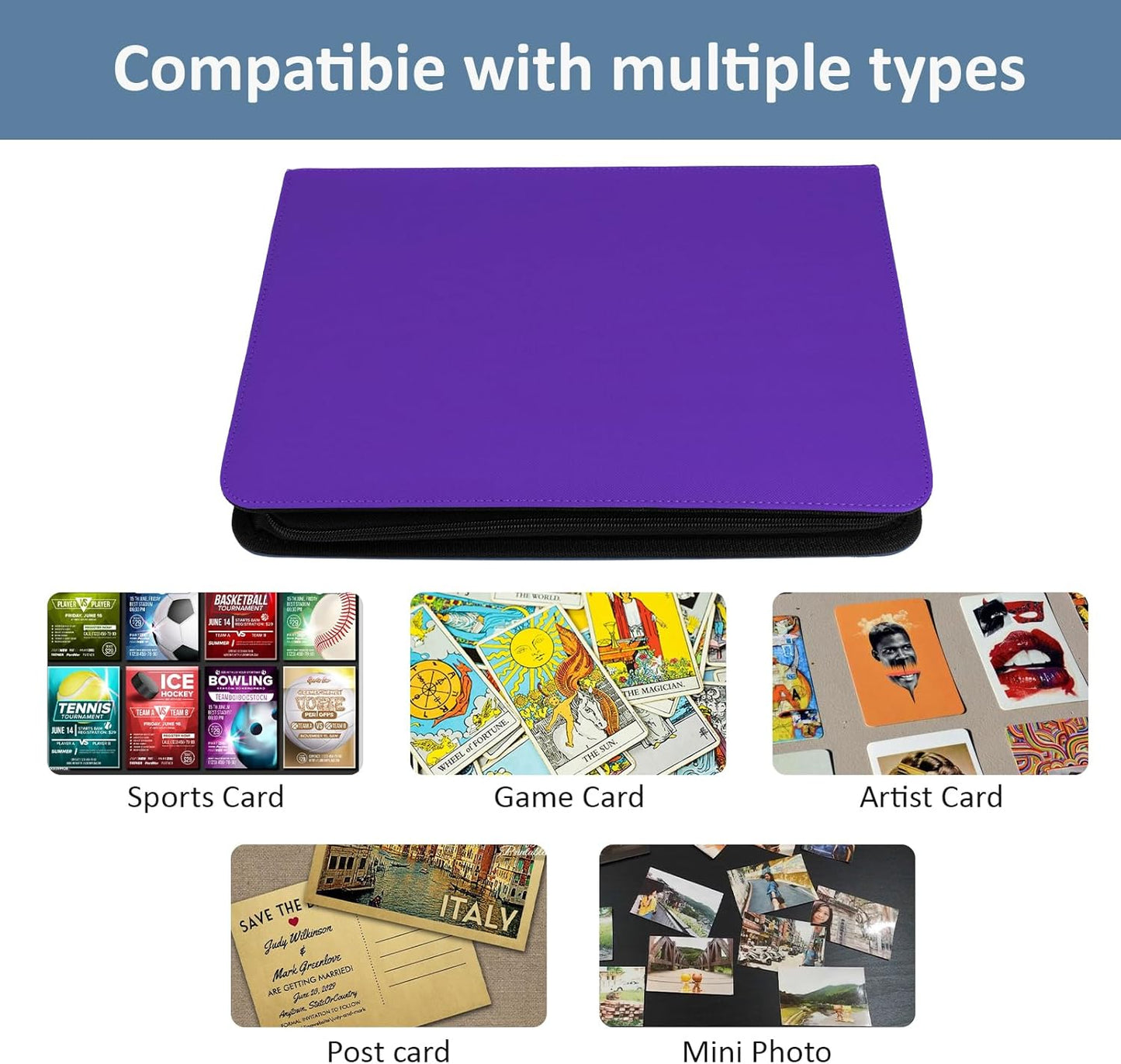 Trading Card Binder 9 Pocket with Zipper, Fvxldcz PU Cover Card Collection Binder 540 Cards Sleek Side-Loading Card Album, Sturdy Card Collection Folder for TCG, MTG, Yugioh, Sport Cards (Purple)