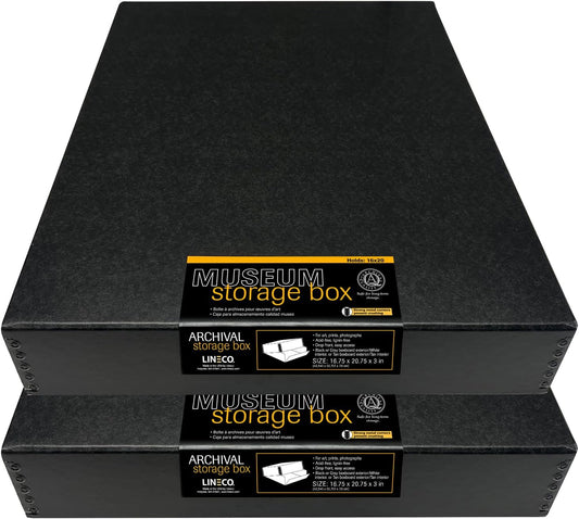 Lineco Museum Archival Storage Box, 16.75x20.75x3 in. Drop Front Design. Acid-Free with Metal Edge. Organize Photos, Pictures, Prints, Documents, Crafts, DIY. Black, 2 Pack