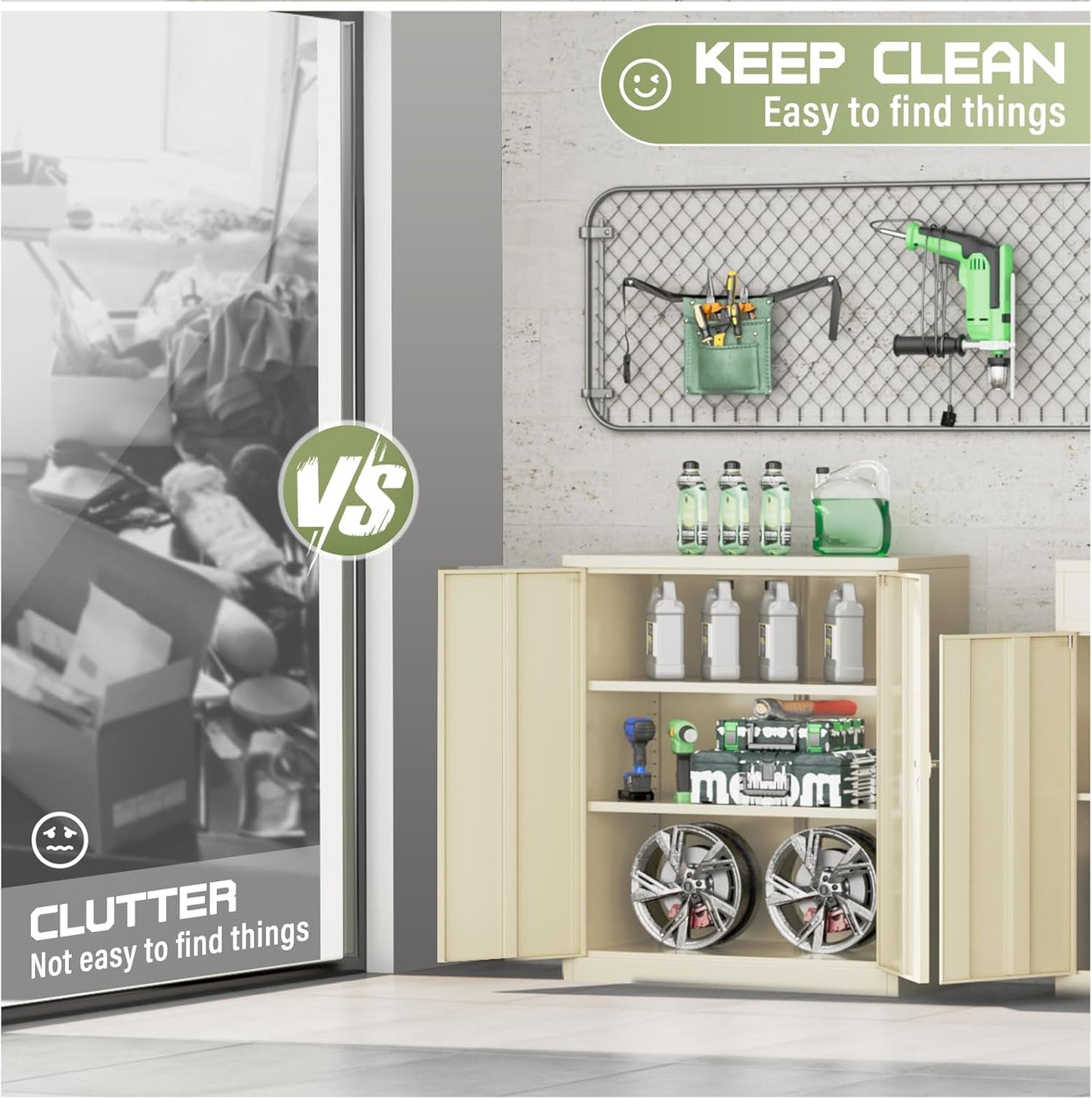 SUNCROWN Metal Storage Cabinets, 36”Locking Cabinet with Doors and Adjustable Shelves, Steel Utility Tool Garage Cabinets for Home, Office, Kitchen, Warehouse,Warm Grey