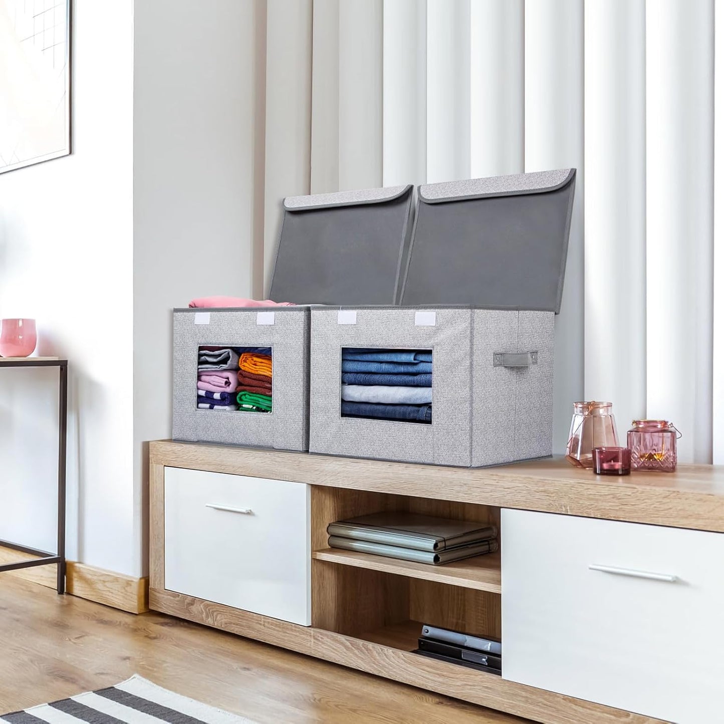 Univivi Larger Fabric Collapsible Storage Bins [2-Pack] Foldable Storage Boxes with Lids, Storage Cube Organizer Basket for Home, Closet, Bedroom (Gray, 17“ x 12” x 12")