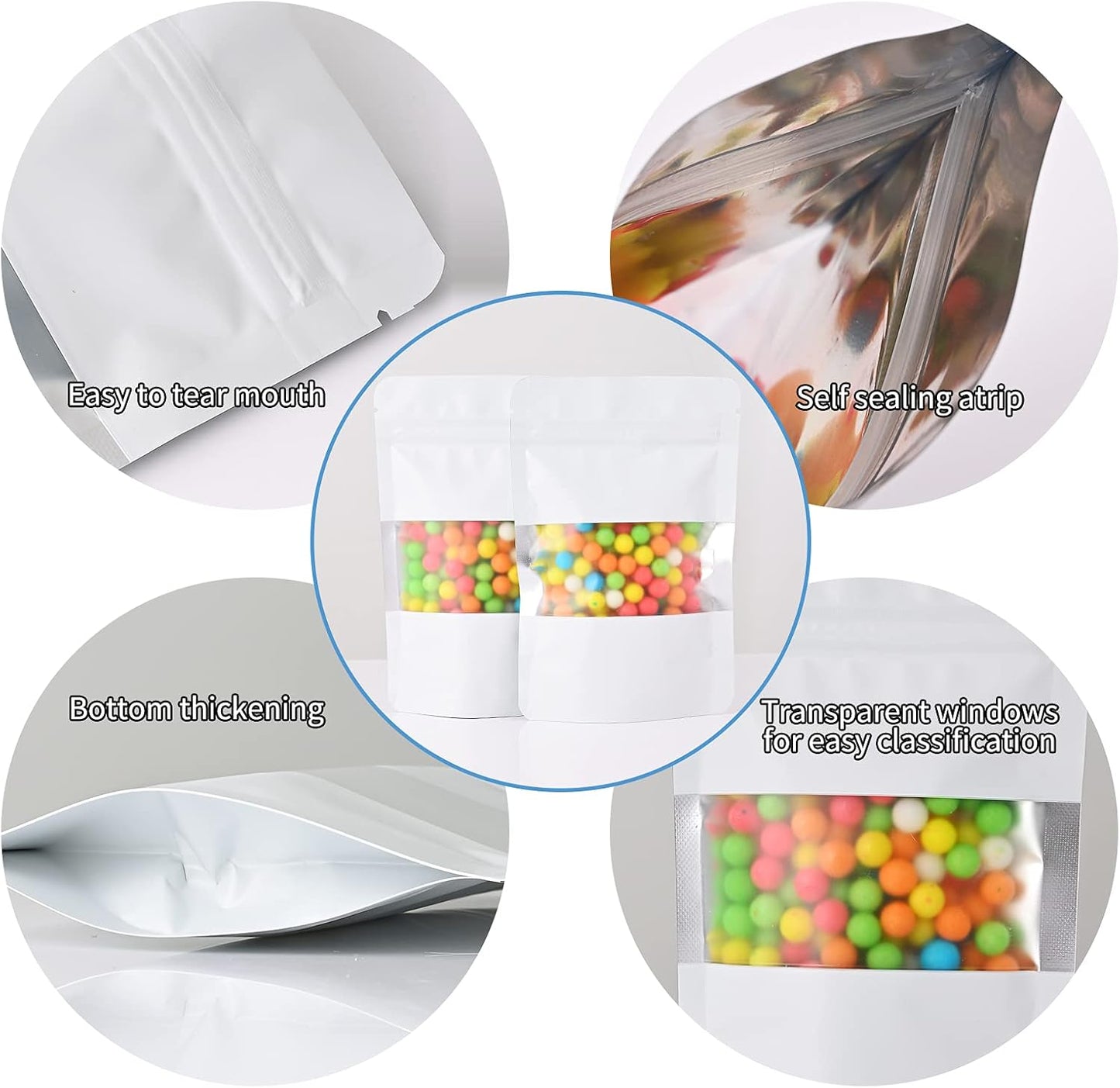 100 Pieces Smell Proof Mylar Bags, Resealable Food Storage Bags with Clear Window, Foil Pouch Stand-up Bags for Food Self Sealing Storage Supplies (White, 4 x 6 Inch)