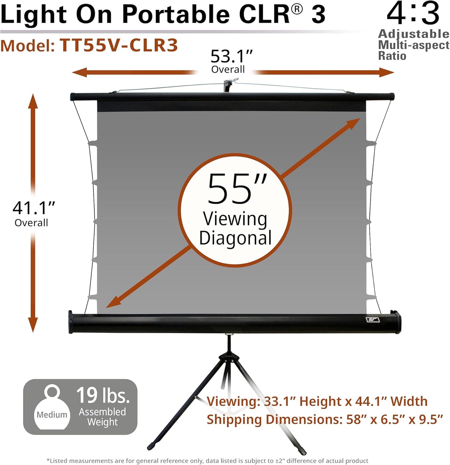 Elite Screens 55-Inch Portable Projector Screen with Stand, Height Adjustable, 4:3 Ambient Light Rejecting (ALR/CLR) for Ultra Short Throw Projectors, Indoor Home Theater, TT55V-CLR3-Y