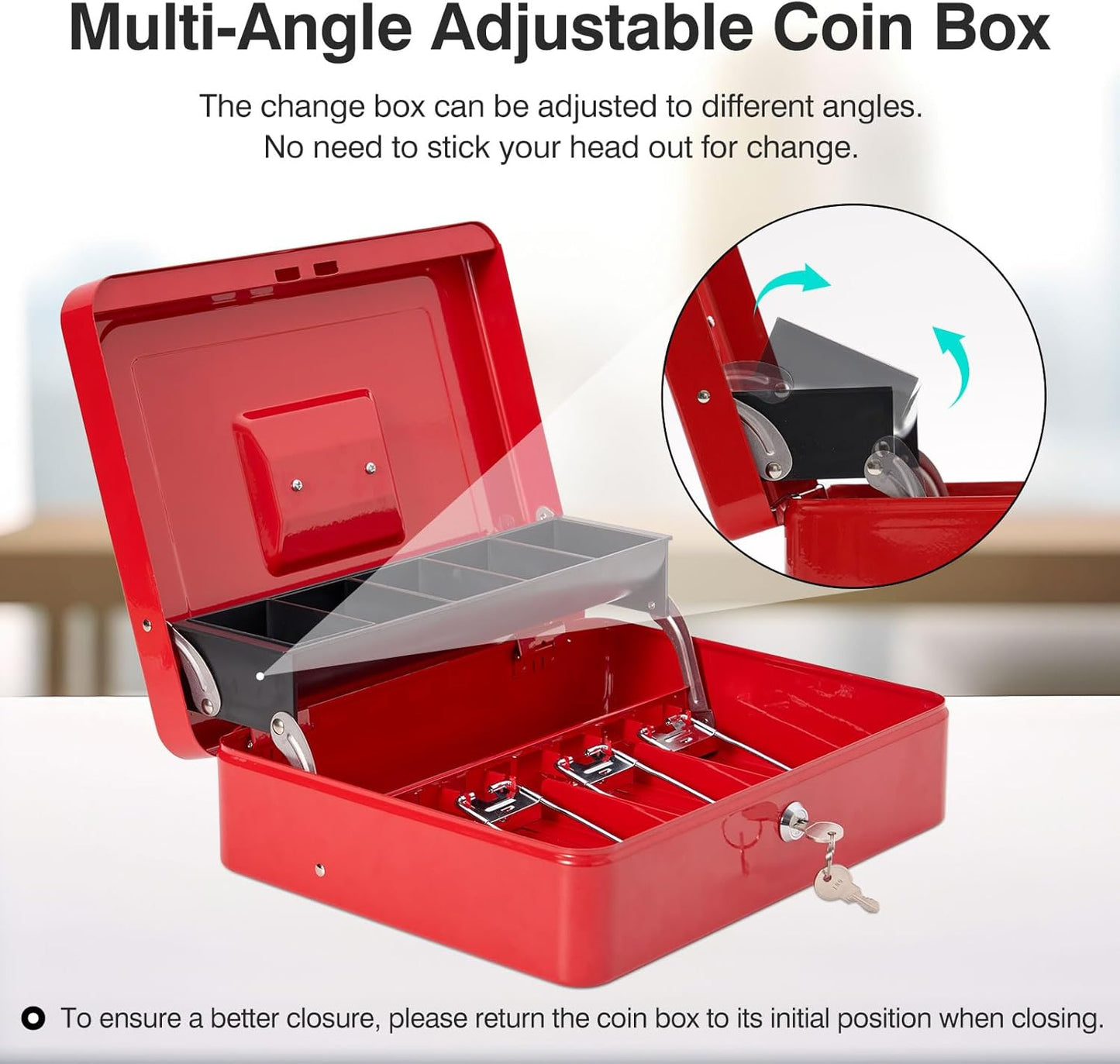 Large Locking Cash Box with Key Lock and Money Tray, Money Box with Cash Tray, Lock Safe Box for Office Business, 11.8" x 9.5" x 3.5", Red