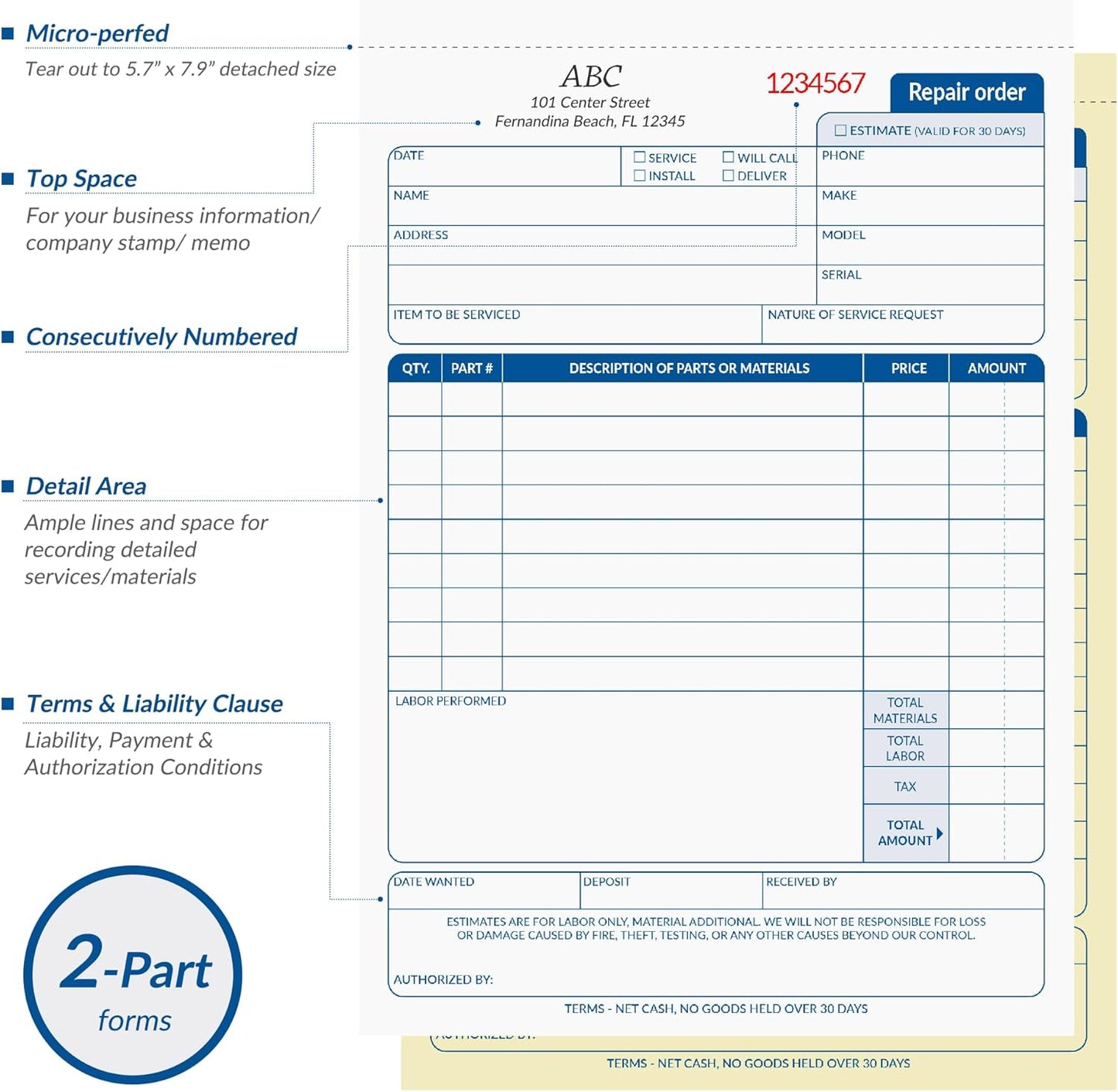 Repair Order Book, 2 Part Carbonless Job Work Order Forms - White/Yellow, 5-7/10 x 8-1/4 Inches, Invoice Receipt Book for Small Business, Consecutively Numbered, 400 Sets (8 Packs)