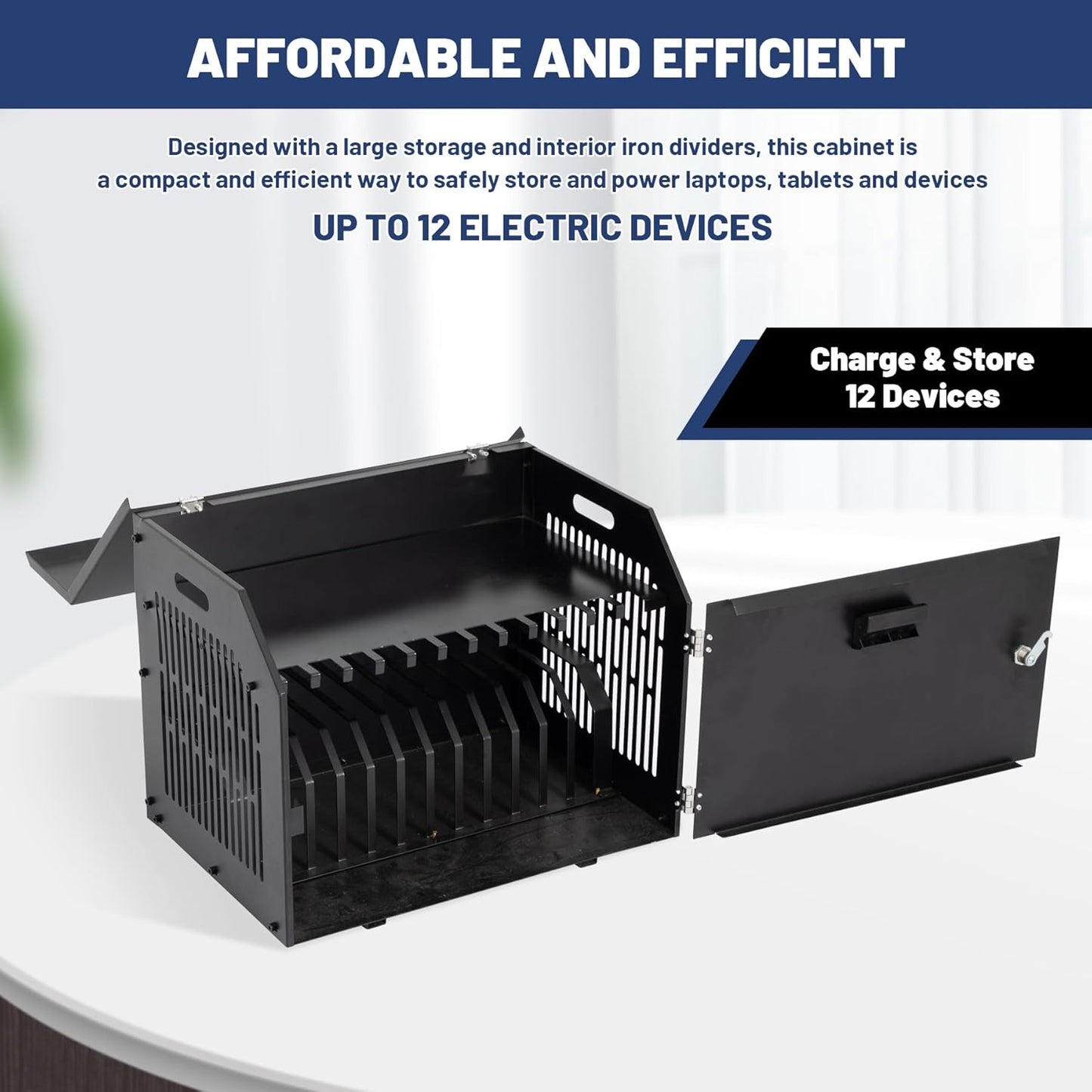 biosp 12-Device Portable Charging Station with Lock for Tablets, iPads, Chromebooks, Locking Laptop Storage Box, Lockable Cabinet with Cable Management for Classroom, Office, Black