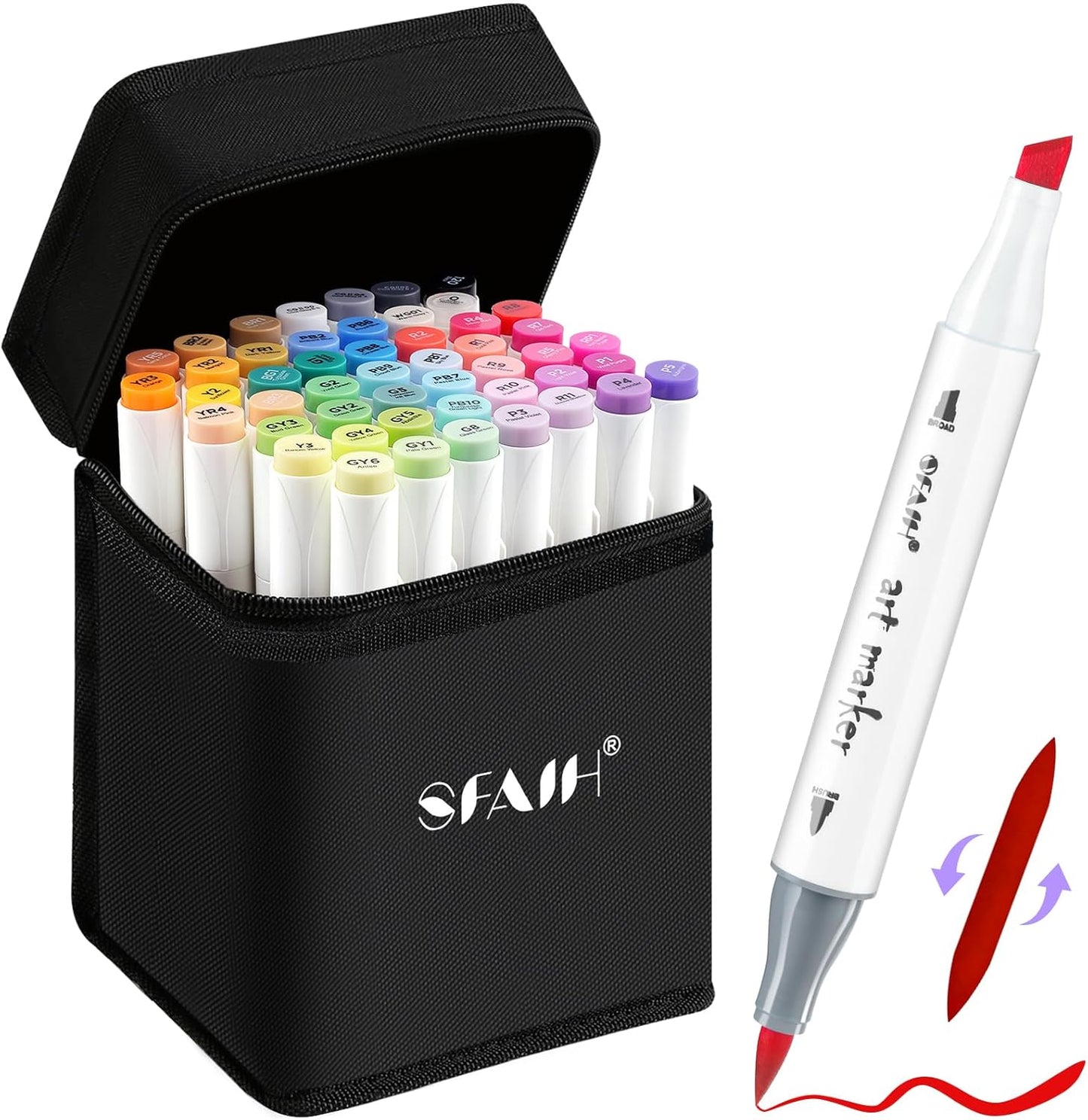 SFAIH 48 Colors Alcohol Markers - Dual Tips Art Set, Brush & Chisel Nibs, Ideal for Artists, & Adults, Coloring, Drawing & Illustration, Includes 1 Blender