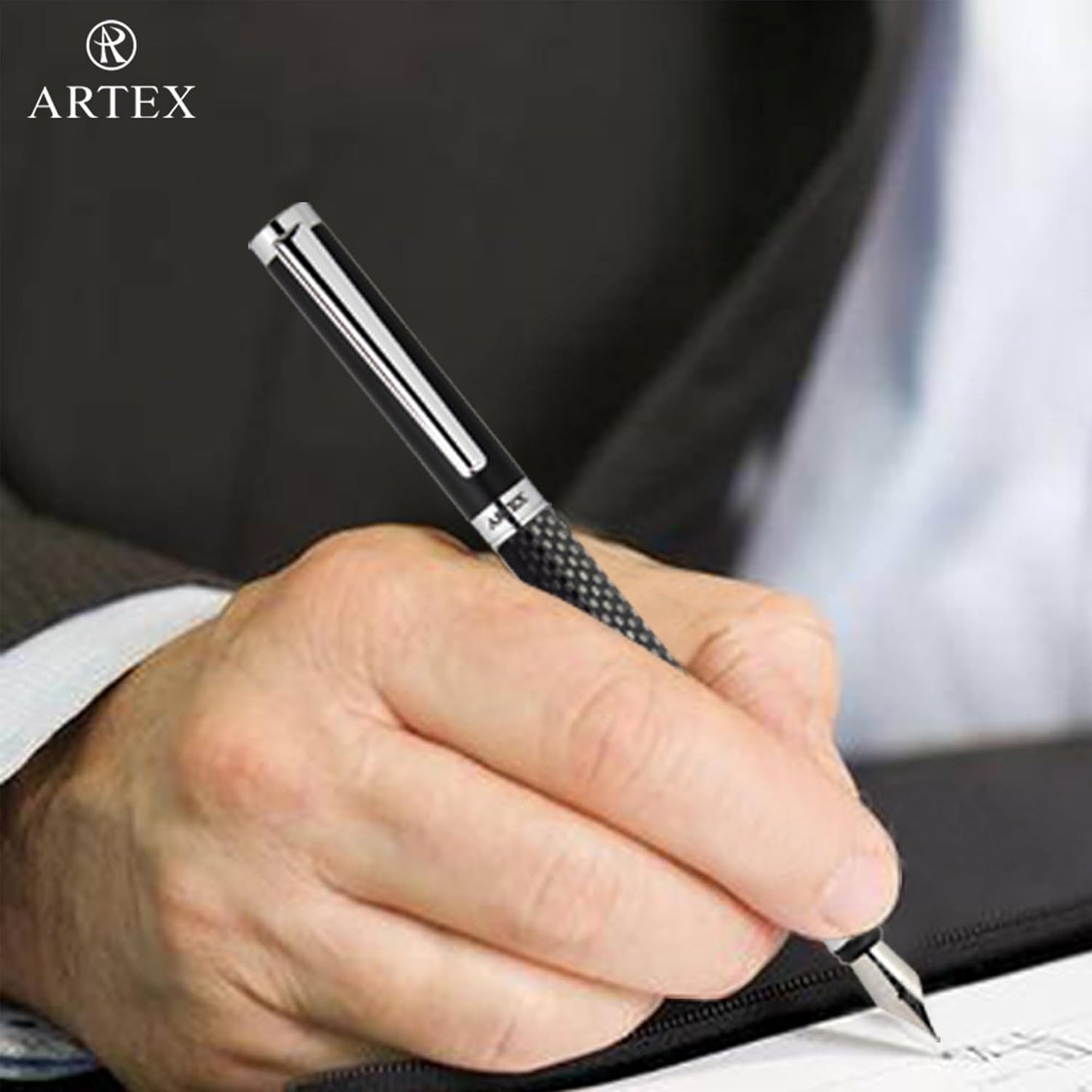 Stylish Fountain Pen : Luxury, Elegant, Germany F Fine Nib, Gift for Men & Women, Professional, Executive, Metal, Gift Box. –Free Engraving (BlackSilver (Carbon)), AT-F4CARBON-1, 14cmx1.2cm