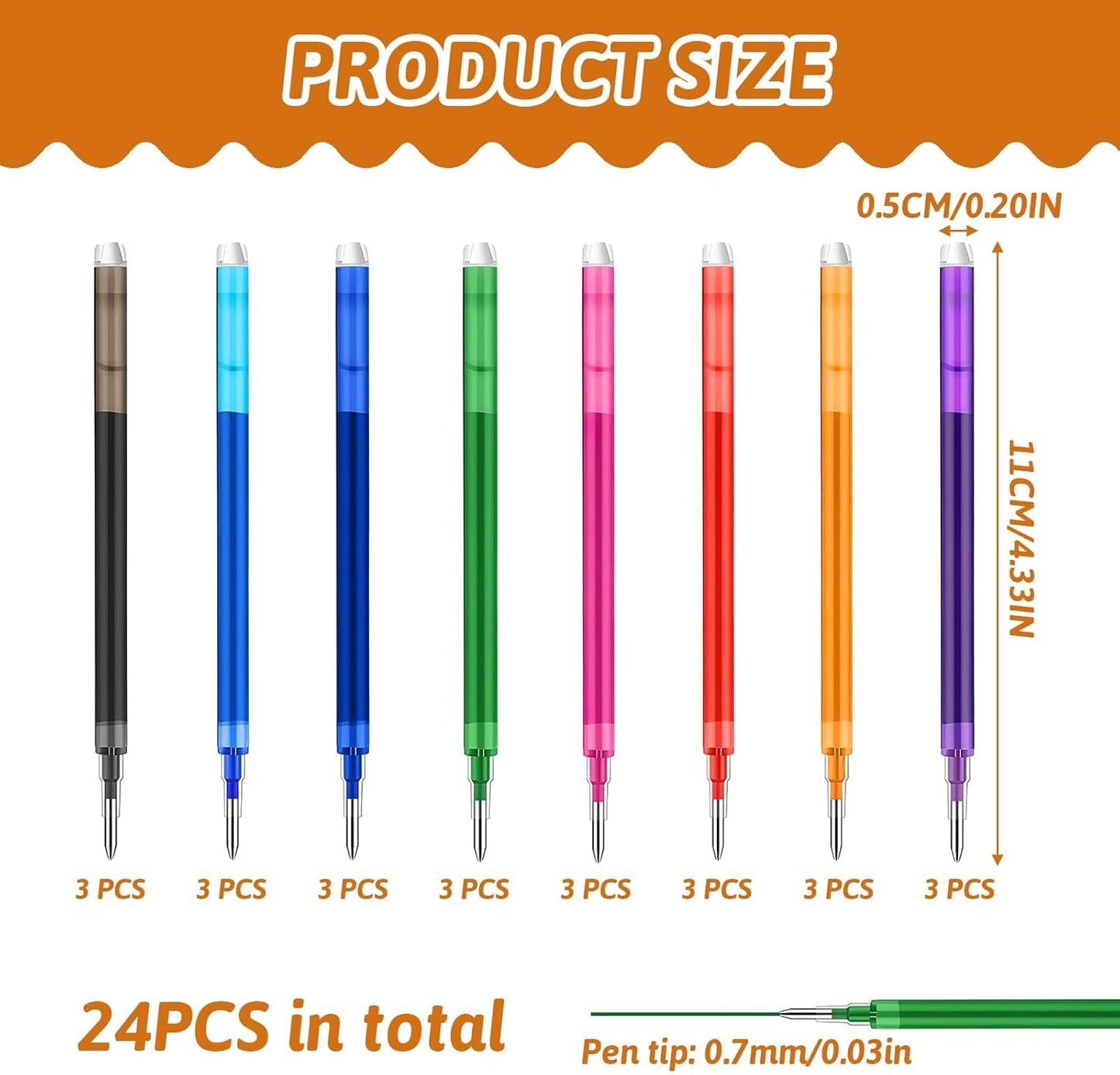 0.7 mm Erasable Gel Ink Pen Refills Compatible with Frixion Friction, Smooth Writing Multicolor Retractable Fine Point Pen Refill for School Office Home Art (8 Colors, 24)