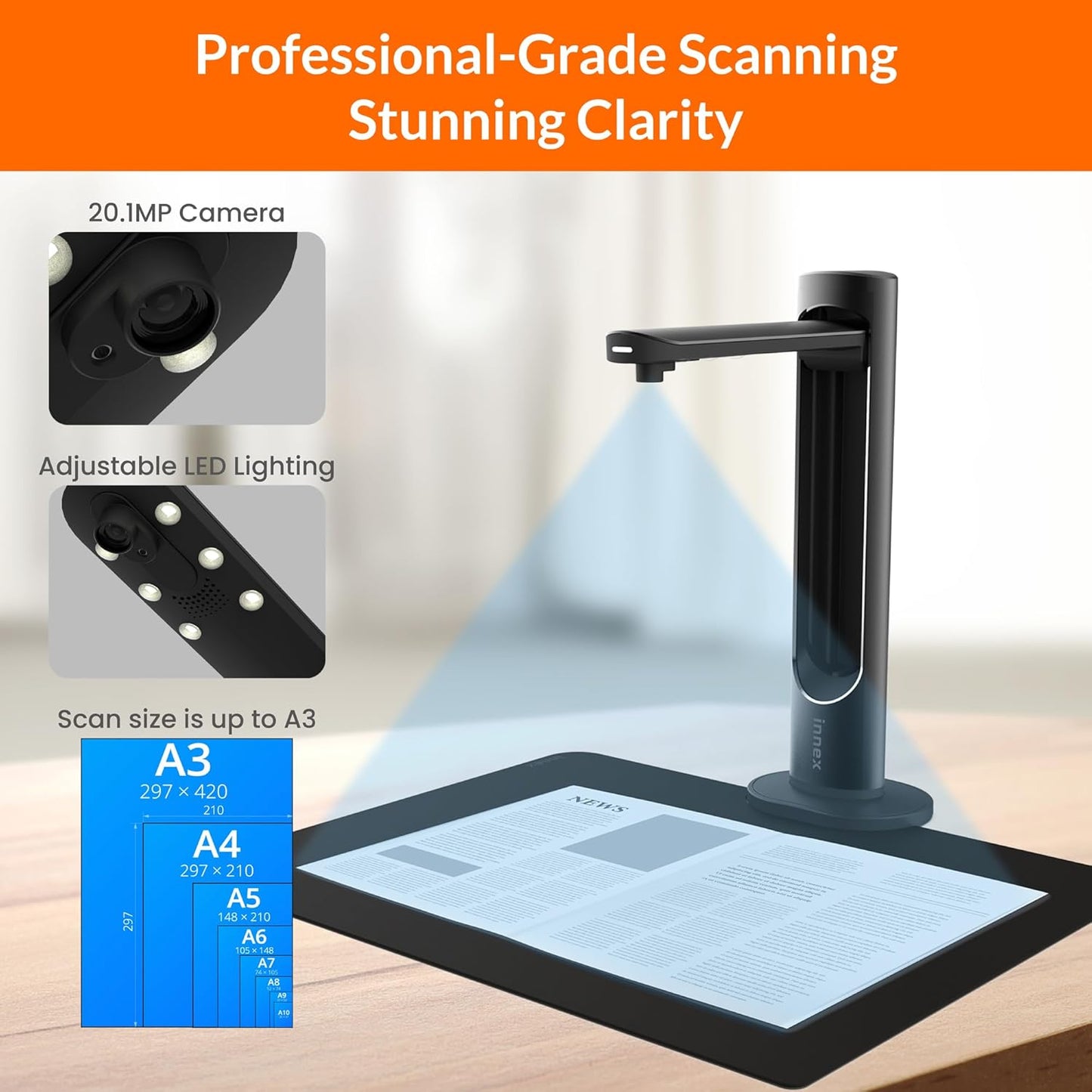 Innex DS200 Professional USB Book Scanner, 26MP, A3 Document scan, 120+ Language OCR, Auto-Flatten & Deskew, Finger Removal, Built-in Mic and LED lamp, Hand Button & Foot Pedal, for Windows/MacOS