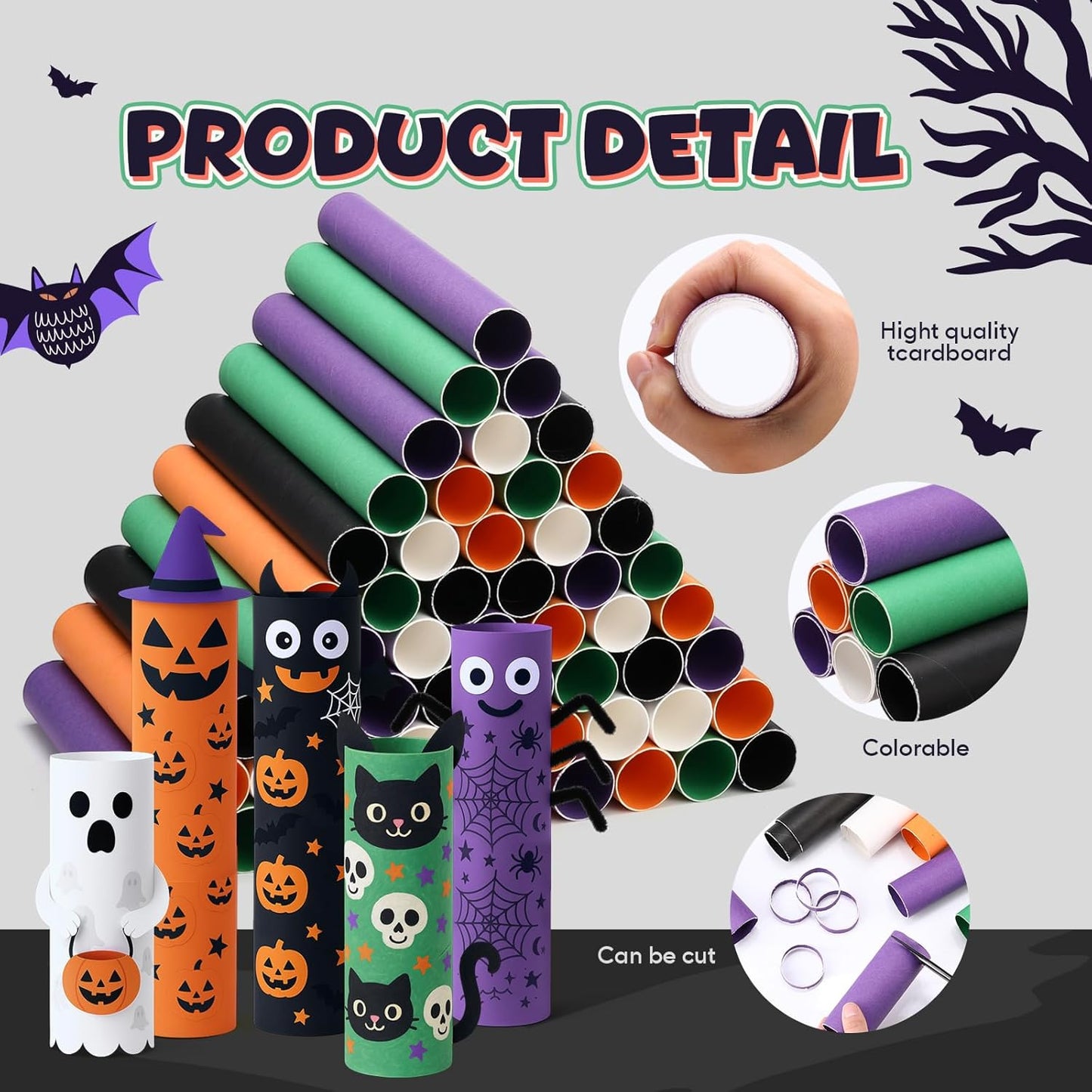 MotiMind 60 Pcs Cardboard Tubes for Craft 2 Size Empty Paper Towel Rolls Cardboard Toilet Paper Tubes Bulk for Classroom DIY Projects(Halloween,1.4 x 10 Inch, 1.6 x 10 Inch)