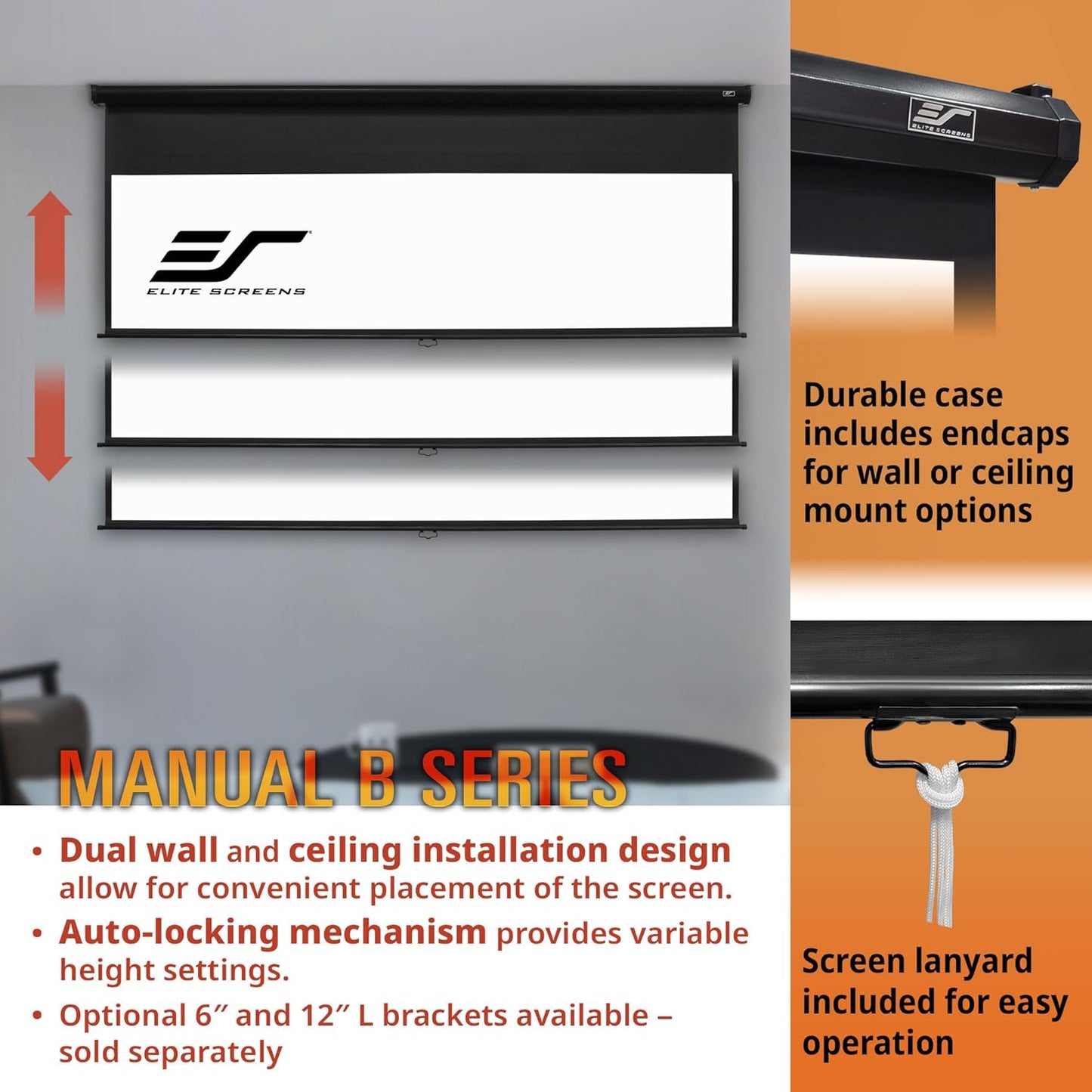 Elite Screens Manual B 125-INCH Manual Pull Down Projector Screen 1:1 Diag 4K 8K 3D HD Home Movie Theater Slow Retract Mechanism, M125S