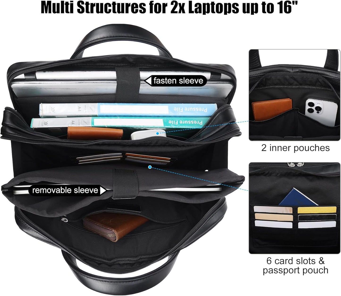 Masa Kawa Leather Briefcase for Men 15.6" - 17" Laptop Computer Case Business Travel Work Messenger Cross Body Shoulder Bag