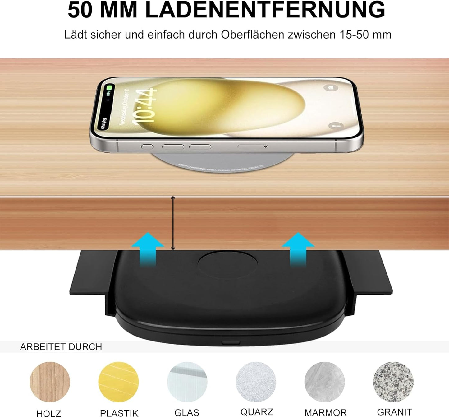 2-inch (50mm) NiiTTER Invisible Wireless Charger, Under Desk Wireless Charger, Hidden Charging Station for iPhone 16/15/14/13/12/Wireless Phones(Adapter Included)