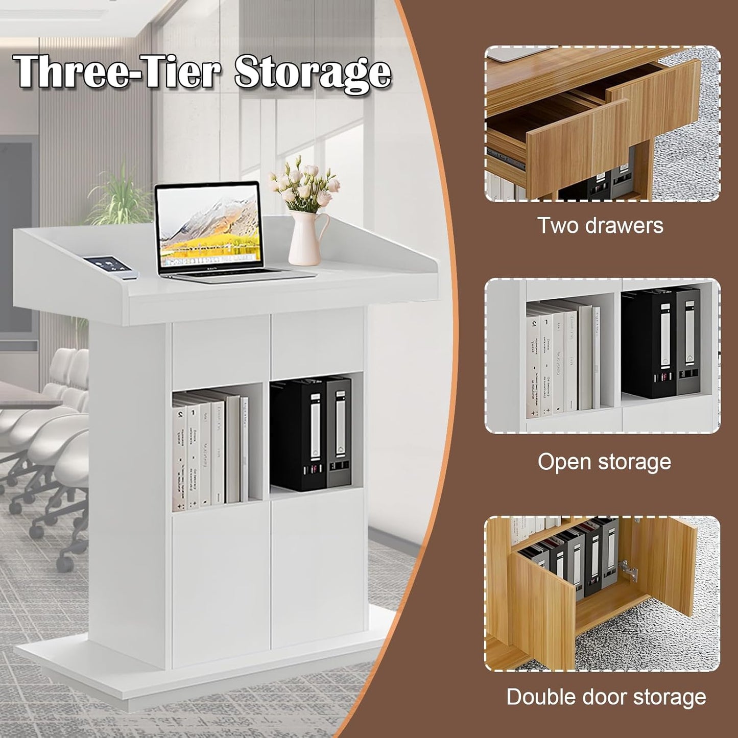 Solid Wooden Podium Stand Podiums for Classroom Lectern Podium Stand Wood Church Pulpit with 3 Levels of Storage and Heightened Baffles (White, 39.4in)