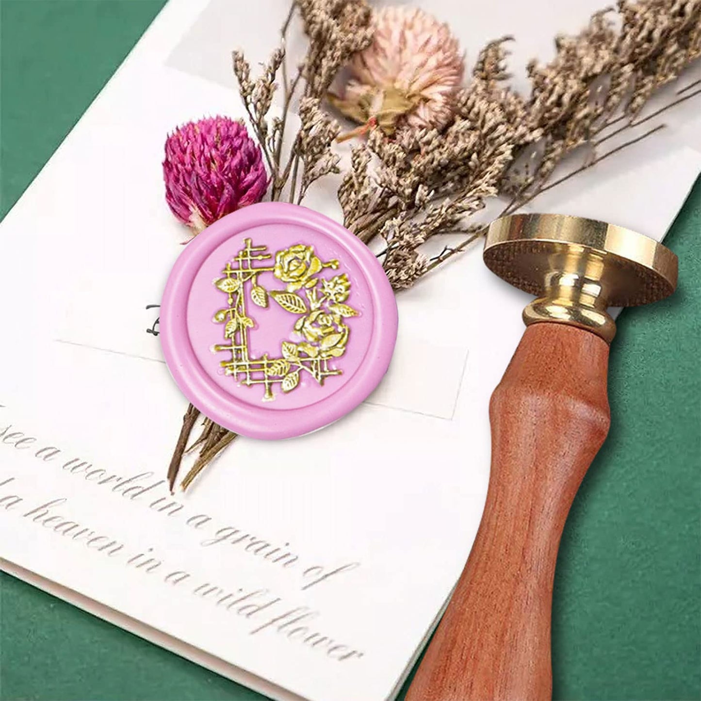 Flower Wax Seal Stamp with Removable Brass Head Wooden Handle for Envelope Sealing