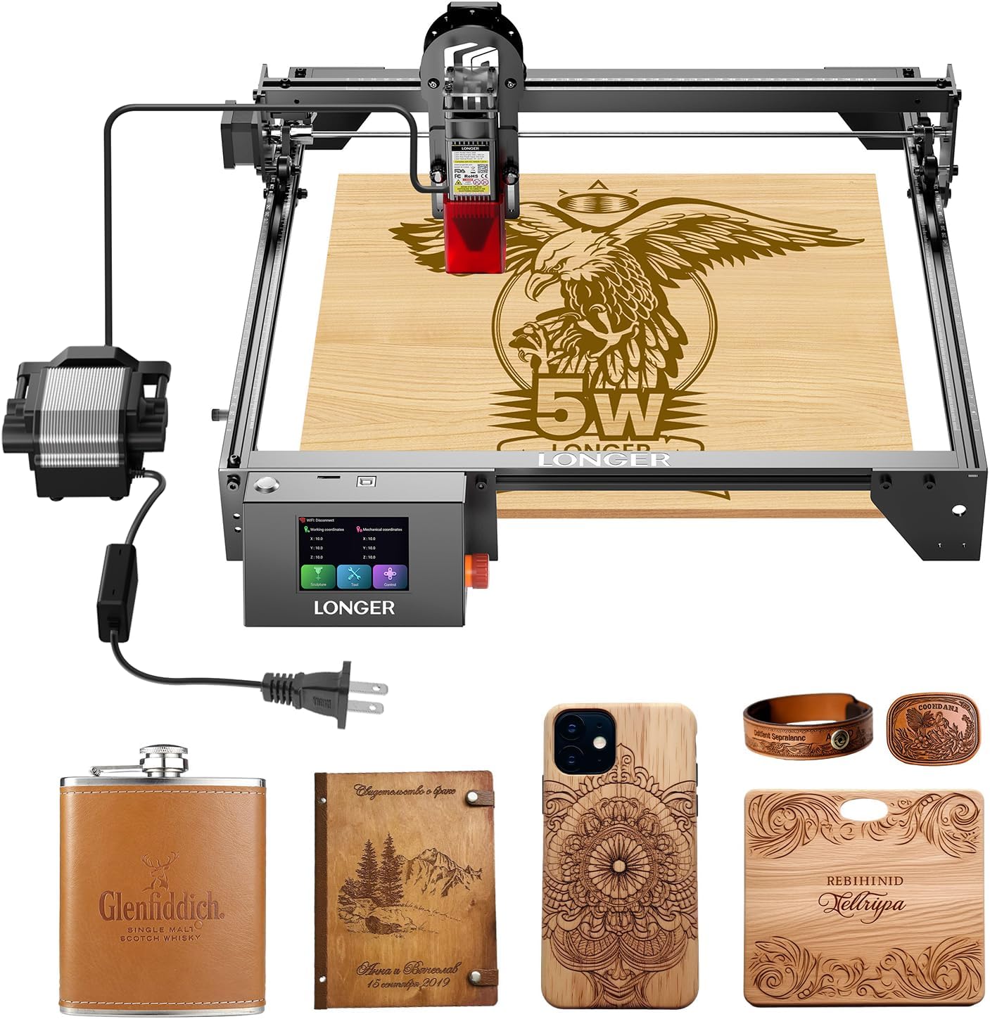 LONGER RAY5 5W Laser Engraver with Air Assist Kit, 5000mW Laser Engraving Cutting Machine for Metal and Wood, 3.5-inch Color Touch Screen, Offline Engraving/Cutting, Class IV