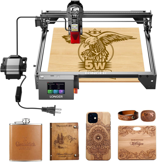 LONGER RAY5 5W Laser Engraver with Air Assist Kit, 5000mW Laser Engraving Cutting Machine for Metal and Wood, 3.5-inch Color Touch Screen, Offline Engraving/Cutting, Class IV