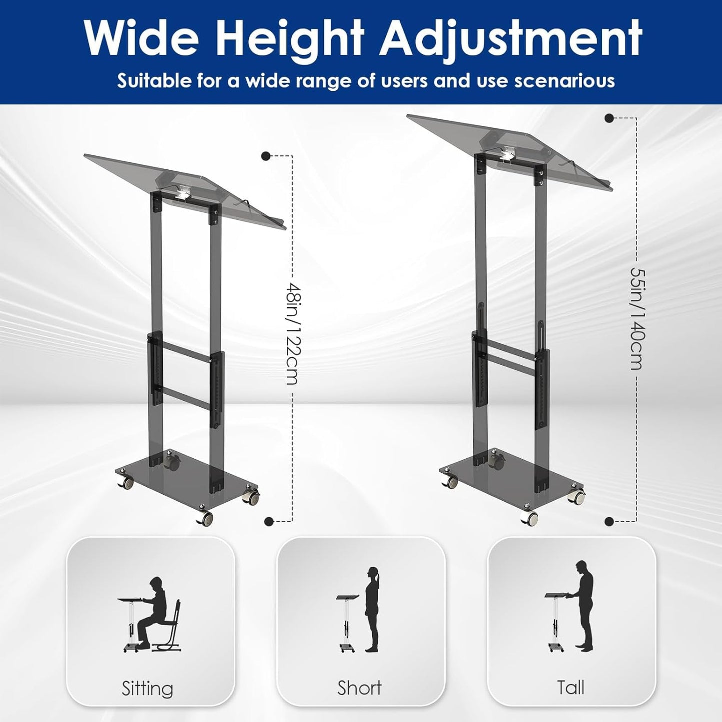 Acrylic Podium Stand,49"H Rolling Podium with Lockable Wheels,Height & Angle Adjustable Lecterns & Podiums, Portable Podium for Classroom,Pulpits for Churches,Speech, Black
