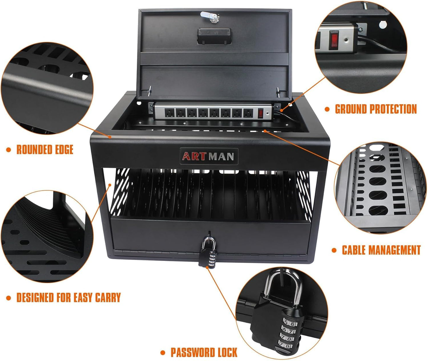16 Device Charging Station for Laptops/Tablets/iPads/Chromebooks,16 Bay Wall-Mount Lockable Charging Cabinet with Cable Management & Power Organization,Fully Assembled Storage Cart(16 Bay-Black)