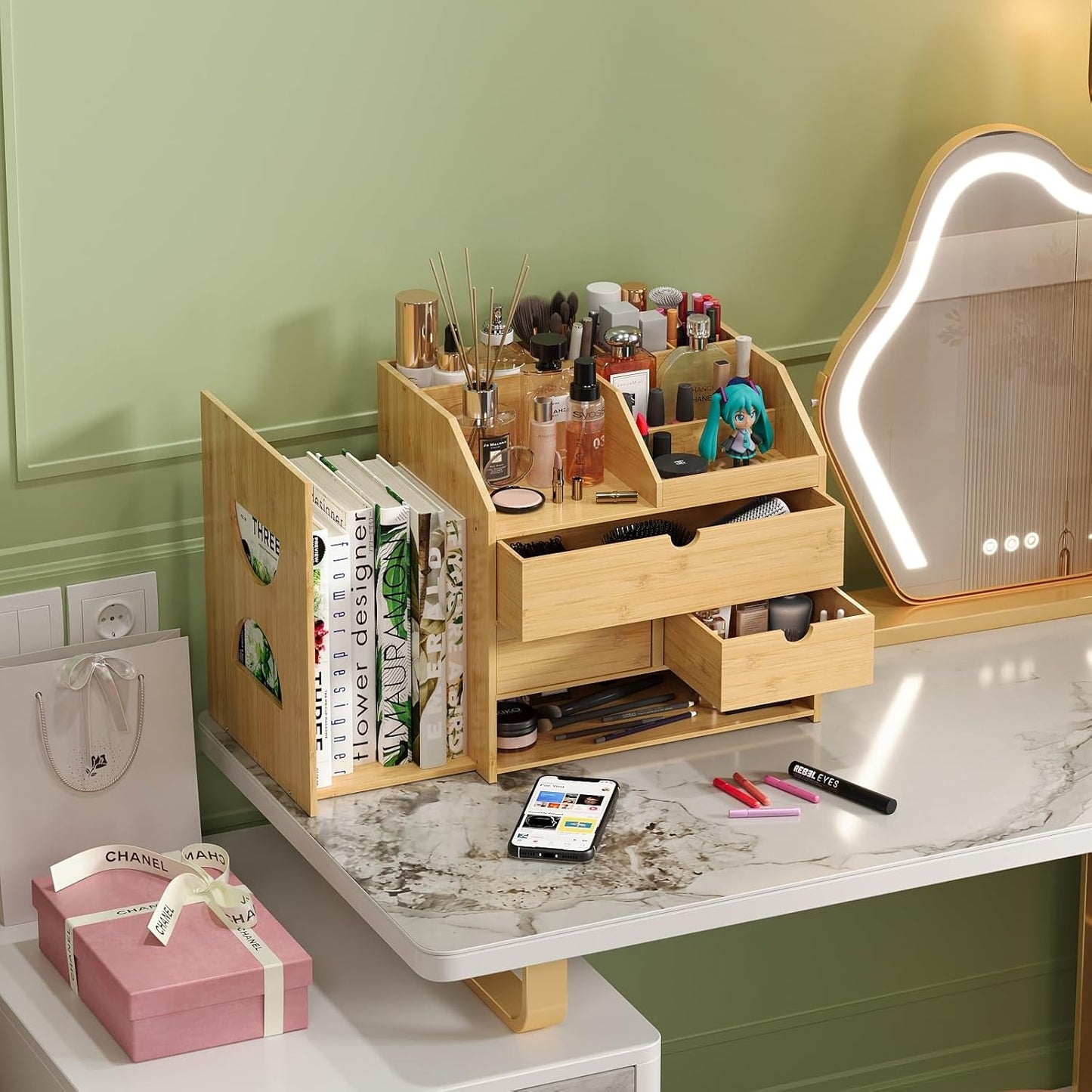 Bamboo Desktop Organizer with 3 Drawers 4 Tier Tabletop Organization Box with Adjustable File Book Holder A4 Full Size Drawer for Office Home