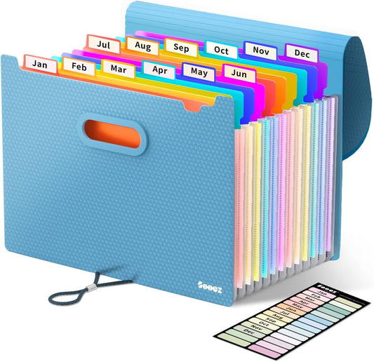 Sooez Upgraded Accordion File Organizer, Expanding File Folder with Deeper 12 Pockets - Never Cover Up Index Tabs, Monthly Bill Paper Receipt Document Organizer, Letter A4 Size for Home Office School