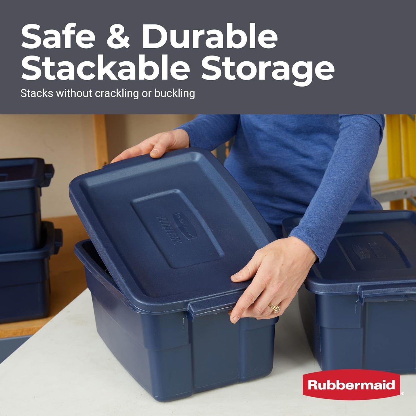 Rubbermaid Roughneck Tote 3 Gal, 6 Pack, Made in USA, Dark Indigo Metallic, Rugged Plastic Stackable Storage Bins with Lids and Handles