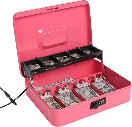 Jssmst Large Locking Cash Box with Money Tray, Metal Money Box with Combination Lock Cash Safe with Security Cable, Pink