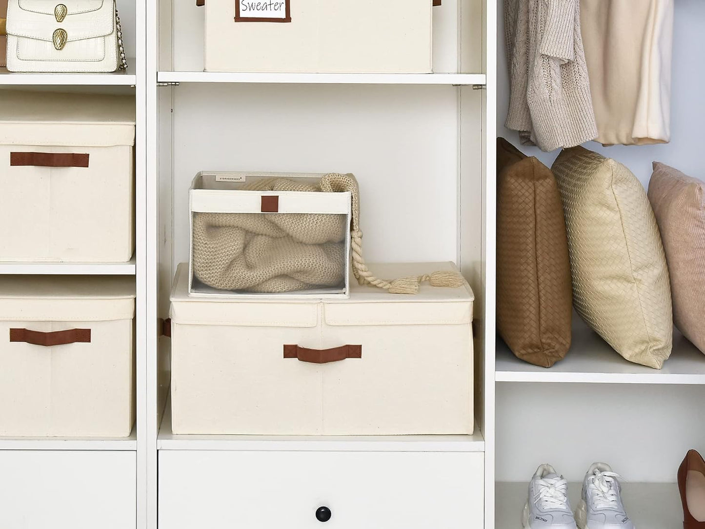 StorageWorks Extra Large Storage Bins with Double-Open Lid, 55L Fabric Baskets with Divider Board, Boxes for Clothes, Linen Closet Organizers with Handles, Ivory White, 2-Pack