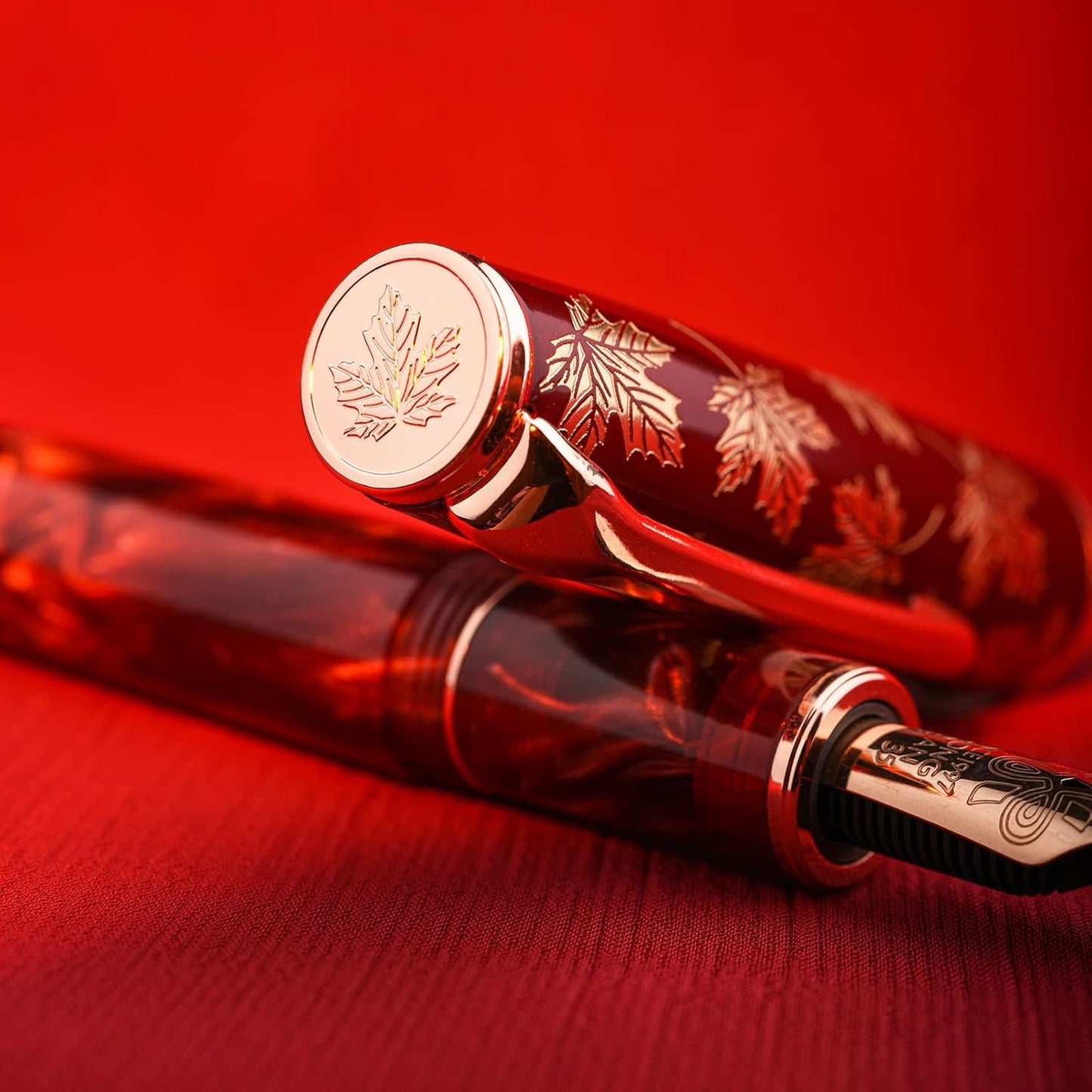 Hongdian N8 Red Acrylic Resin Fountain Pen, Iridium Extra Fine Nib Rose Gold Trim Maple Leaf Carving Cap, Smooth Writing Pen with Converter and Metal Pen Box Set