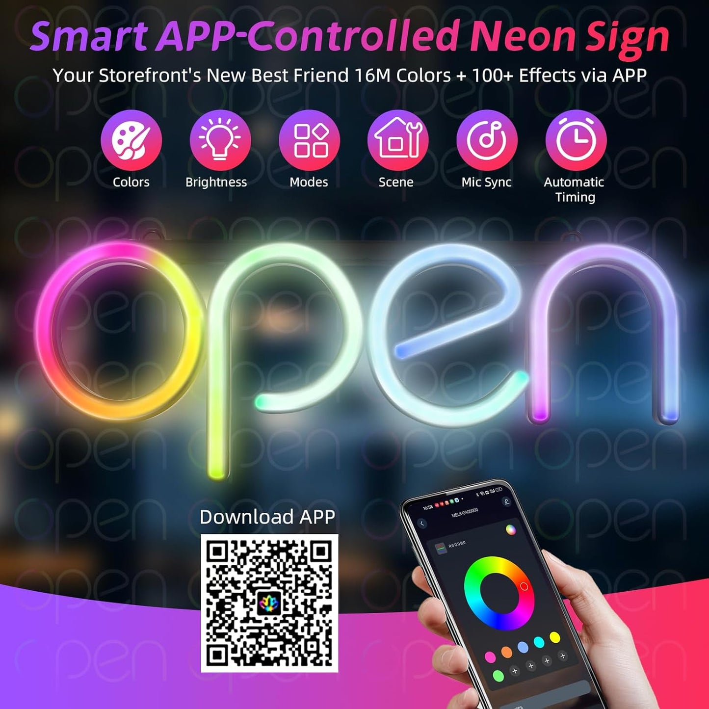 OPEN Neon Sign with APP Control 16X6 inch Bluetooth Smart LED Business Sign, Open Sign Led USB Powered Adjustable Brightness & Color