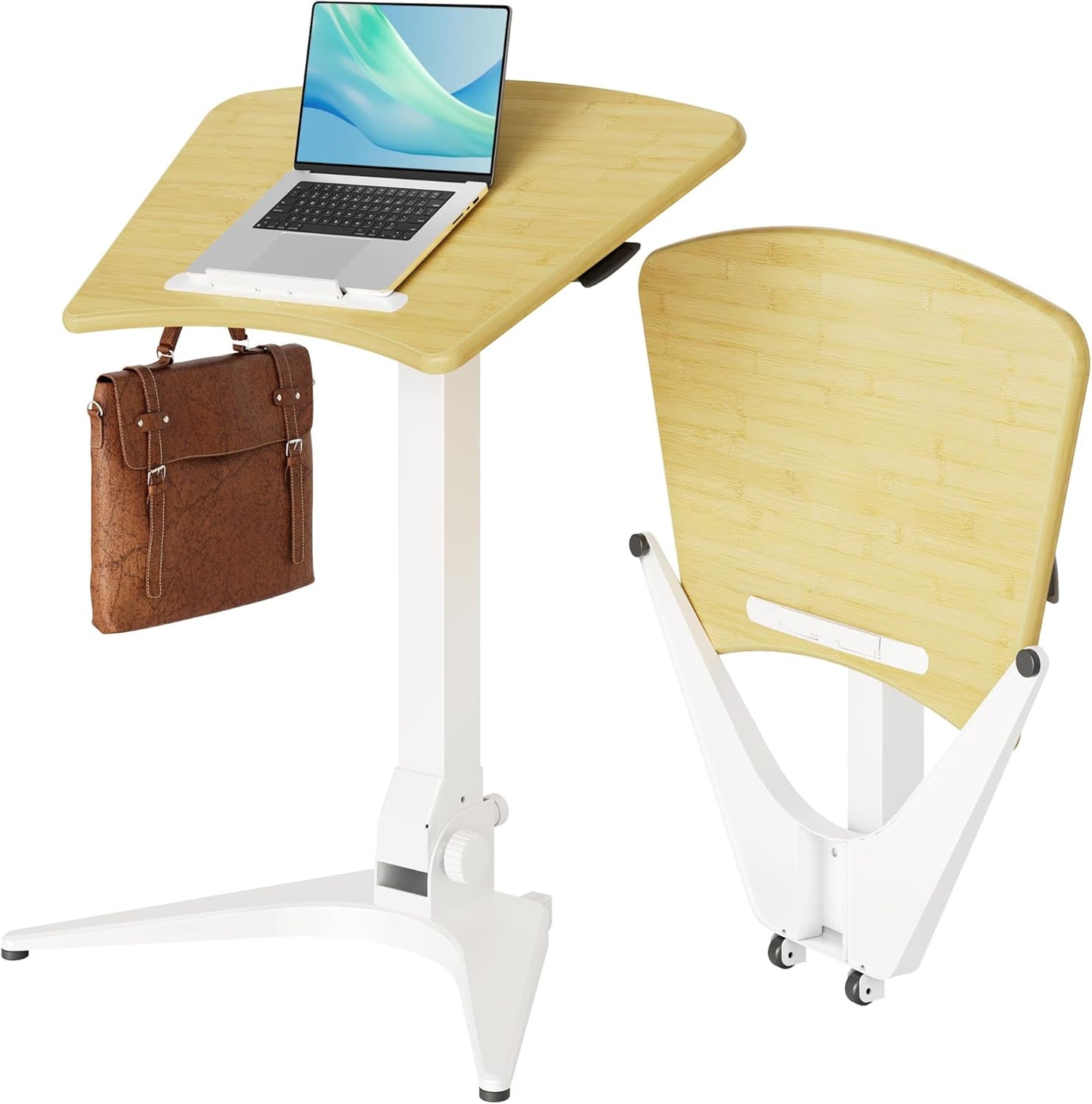 Claiks Mobile Standing Desk, Portable Rolling Standing Desk with Wheels, Pneumatic Height Adjustable Sit-Stand Desk Workstation with 90° Tiltable, Foldable Desk with Non-Slip Computer Stand, Bamboo