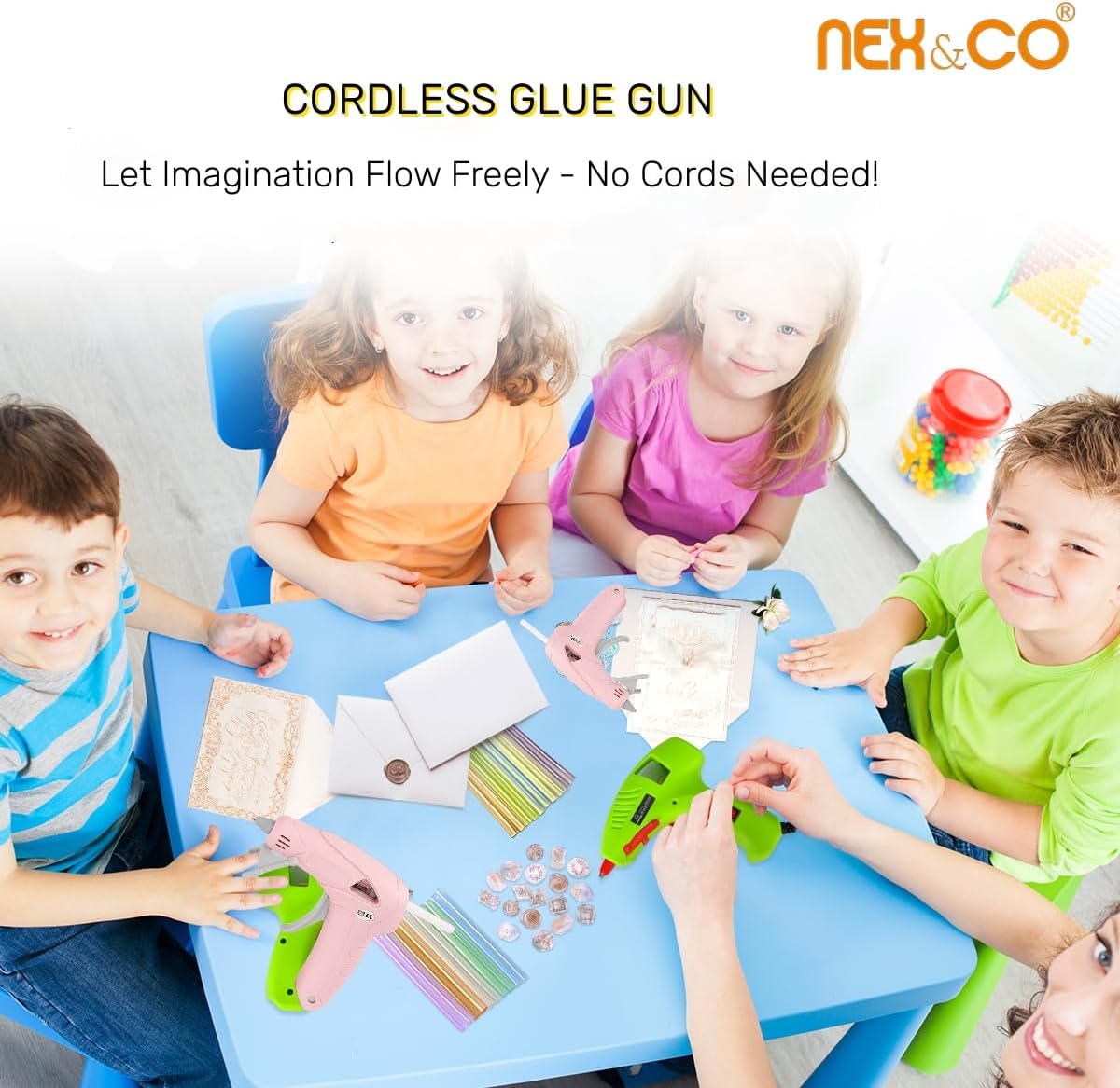 NEX&CO Pink Cordless Hot Glue Gun Kit for Kids, Mini Rechargeable Battery & Anti-Drip, Auto Power-Off & Lightweight w/ 30 pack 7mm Rainbow Glue Sticks, Child-Safe for Classroom Crafts, Art Projects