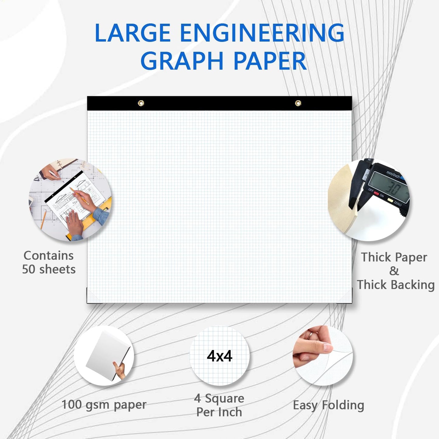 (2 Pack) Large Engineering Graph Paper Pad, 100 Sheets/200 Pages, 22" x 17" Quadrille Grid Paper for Drafting, Engineering, Blueprint Drawing, Architect Designer, 4"x4" Blue Grid, Giant Drafting Pad